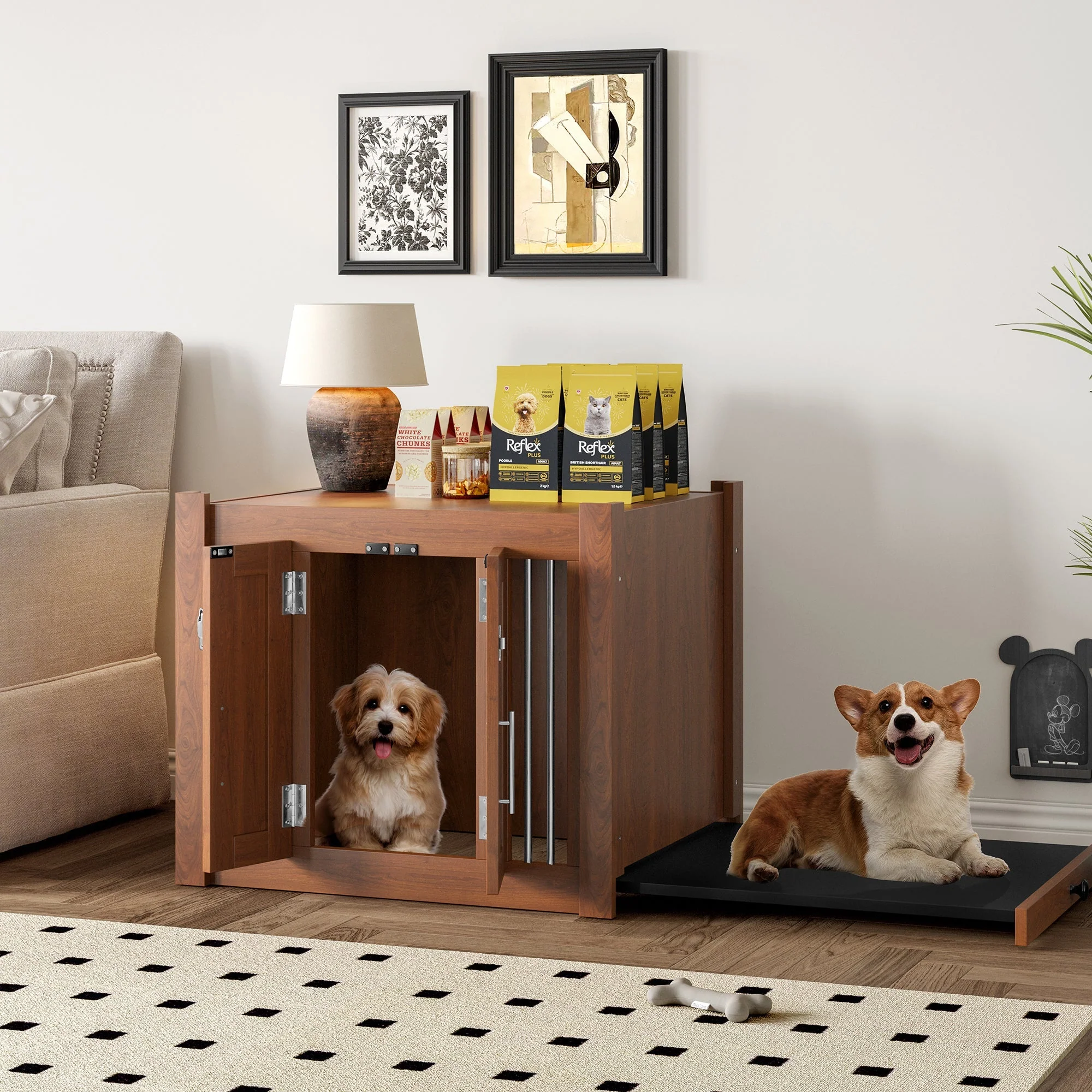 2 in 1 Walnut Dog Crate Nightstand with Storage - Image 18