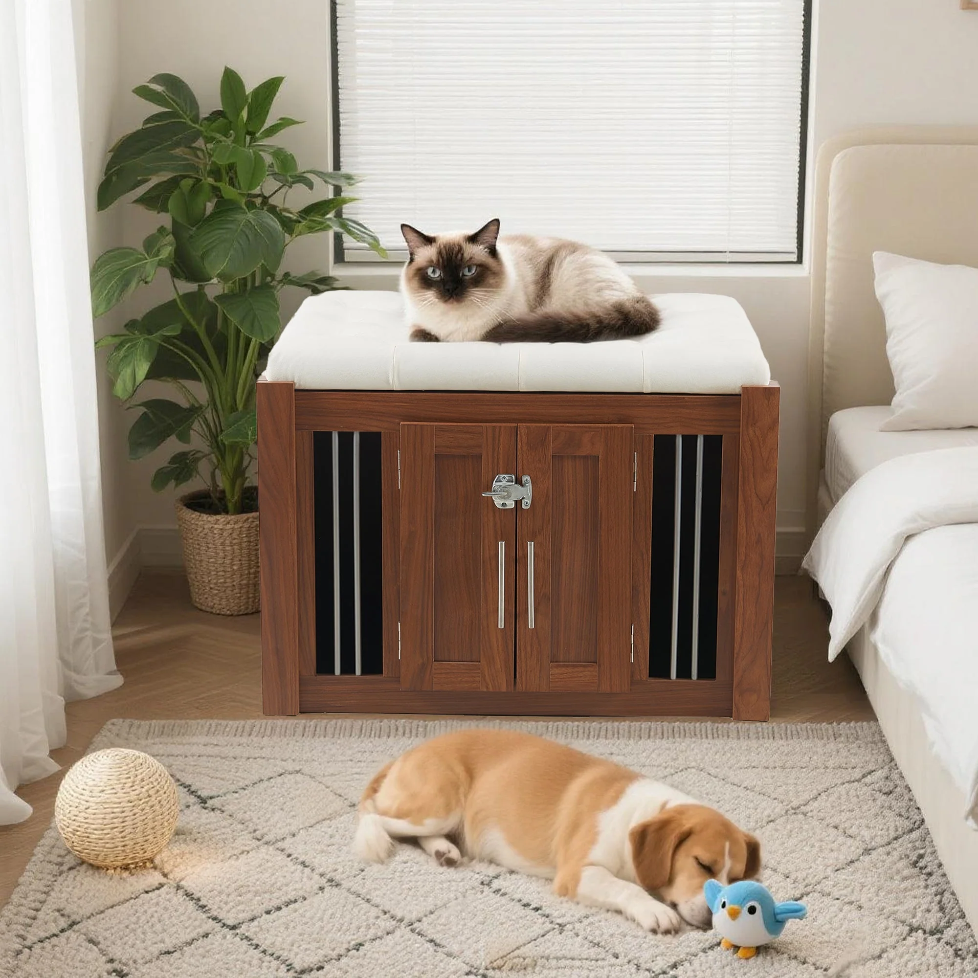 2 in 1 Walnut Dog Crate Nightstand with Storage - Image 20