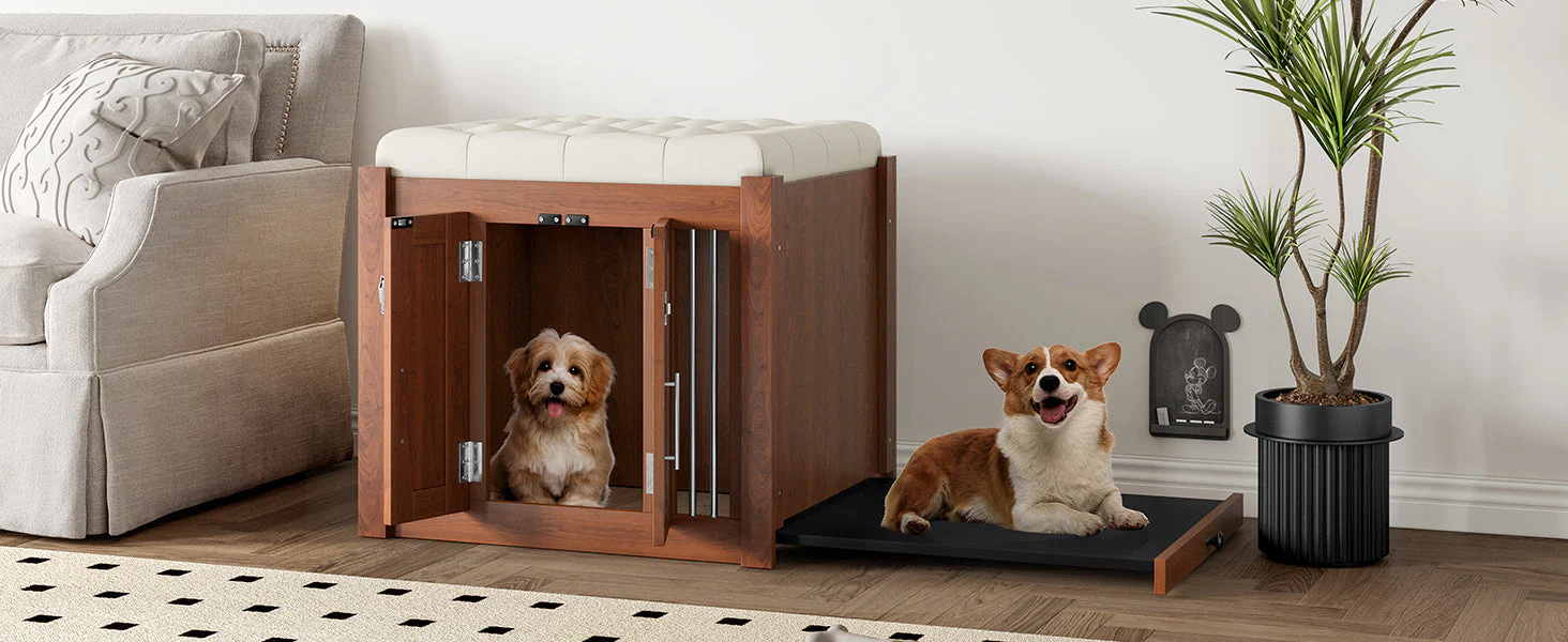 2 in 1 Walnut Dog Crate Nightstand with Storage - Image 21
