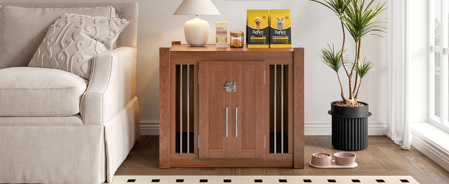 2 in 1 Walnut Dog Crate Nightstand with Storage - Image 22