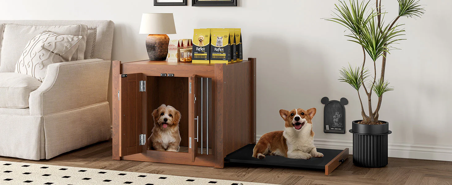 2 in 1 Walnut Dog Crate Nightstand with Storage - Image 23