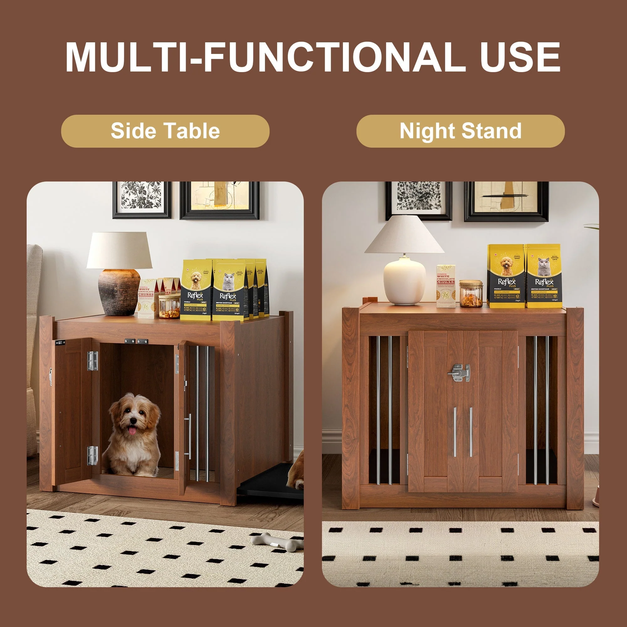 2 in 1 Walnut Dog Crate Nightstand with Storage - Image 4