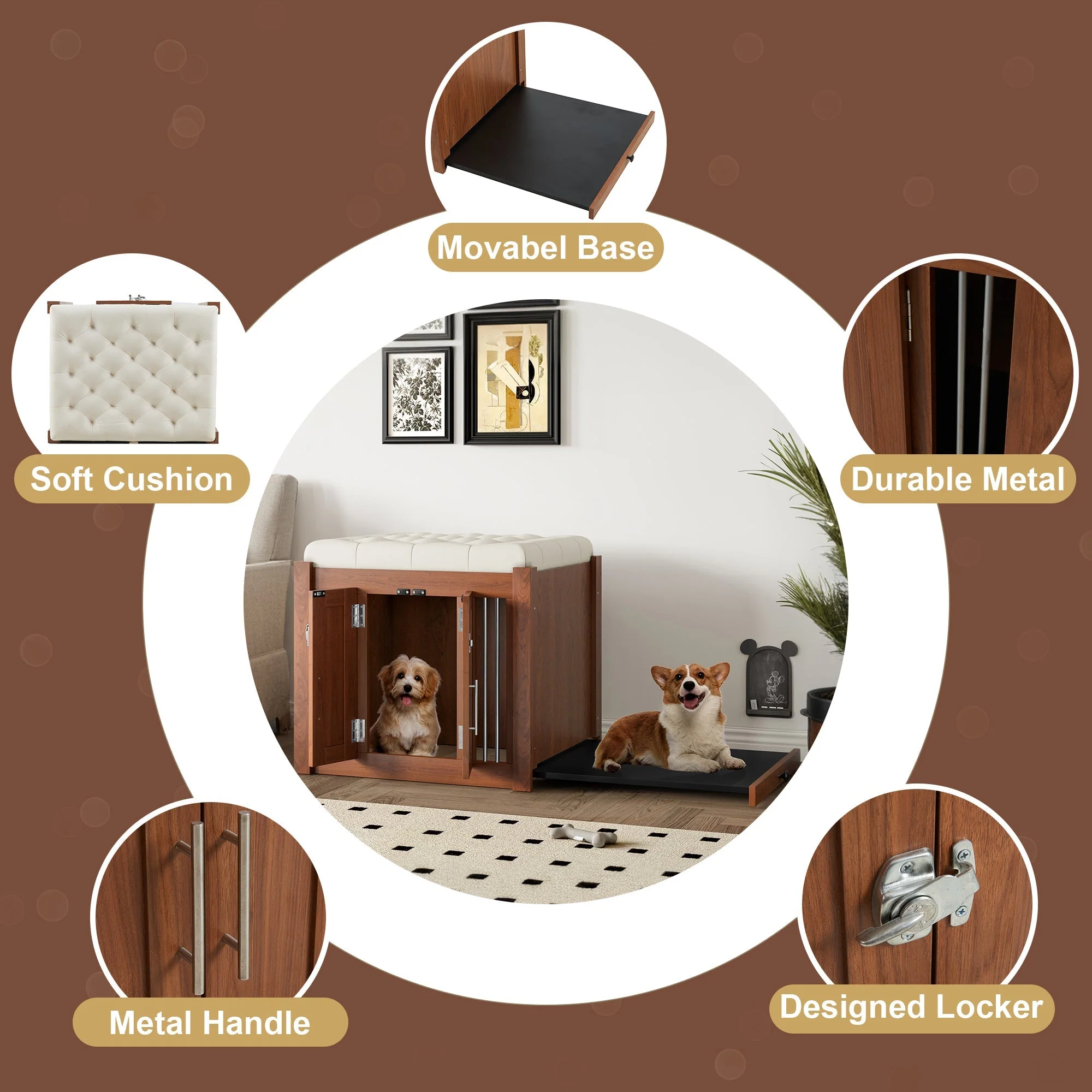 2 in 1 Walnut Dog Crate Nightstand with Storage - Image 5