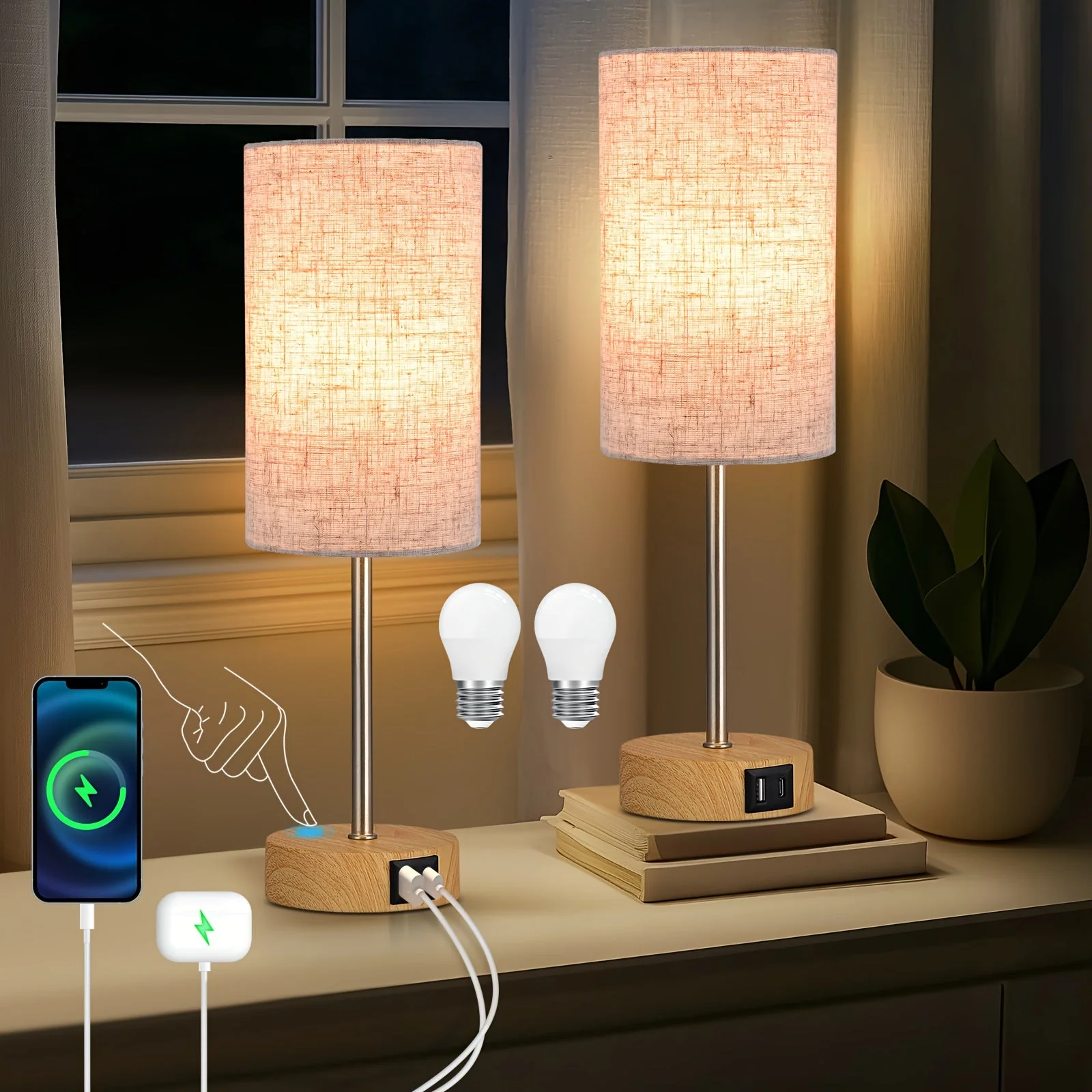 2-Pack Touch Control USB Table Lamps – 3-Way Dimmable LED Bedside Light Set - Image 12