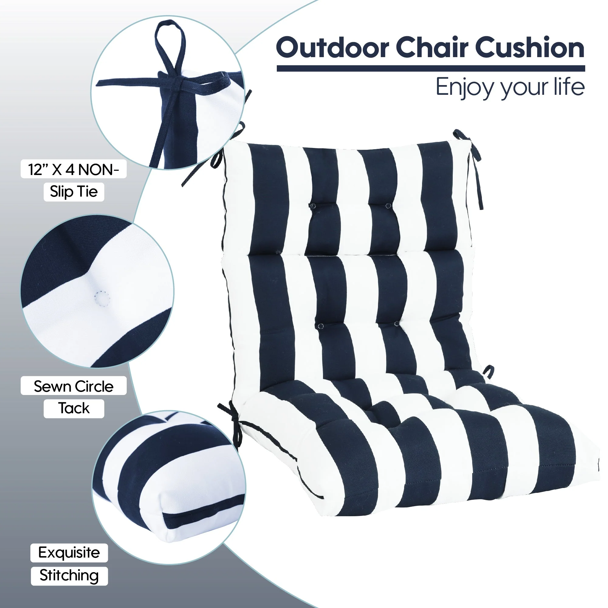 2-Piece High Back Chair Cushion Set, Navy Blue/White - Image 14