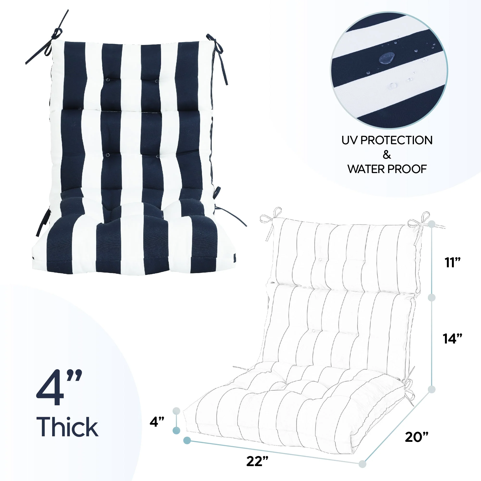 2-Piece High Back Chair Cushion Set, Navy Blue/White - Image 3