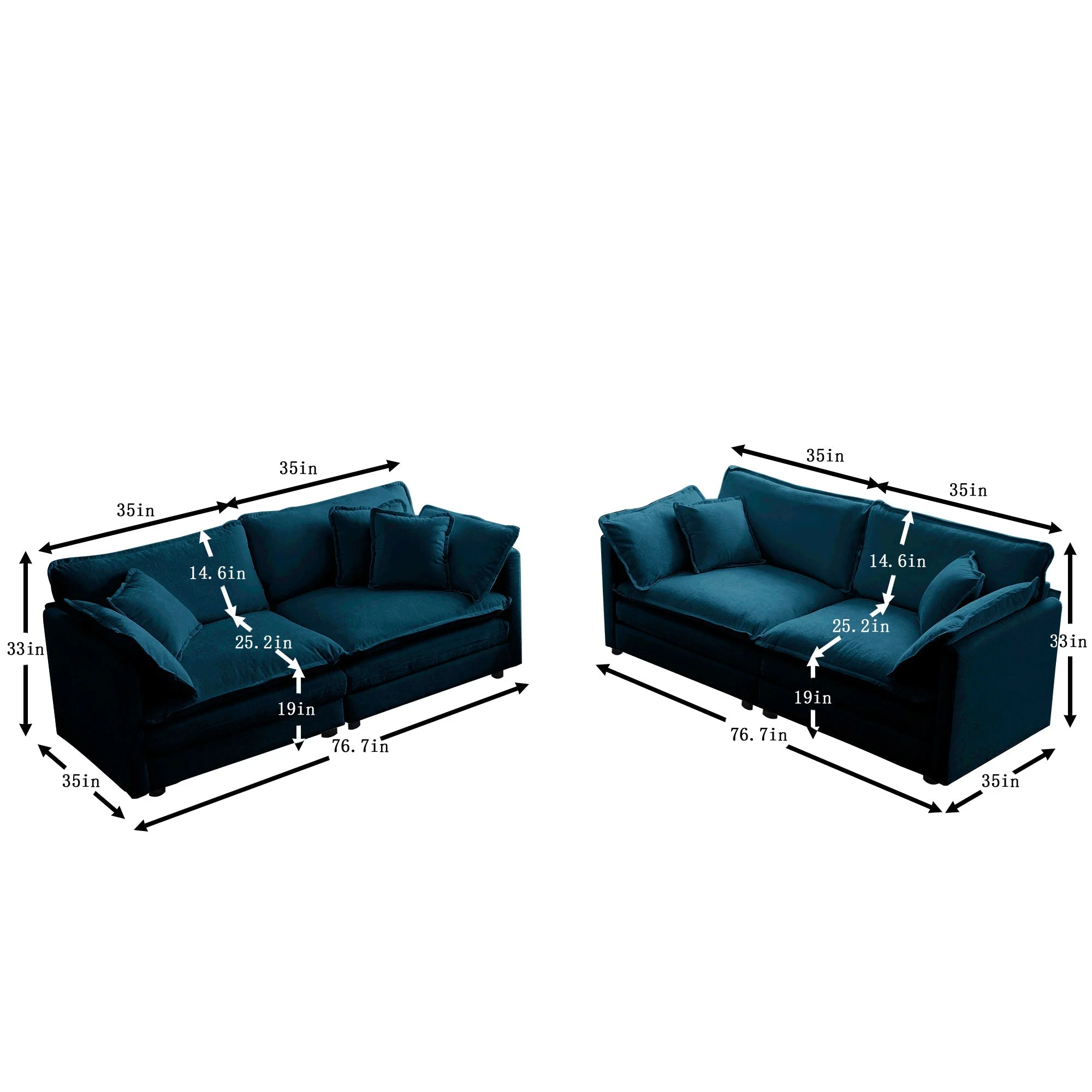 2-Piece Living Room Sofa Set in Blue Chenille - Image 3