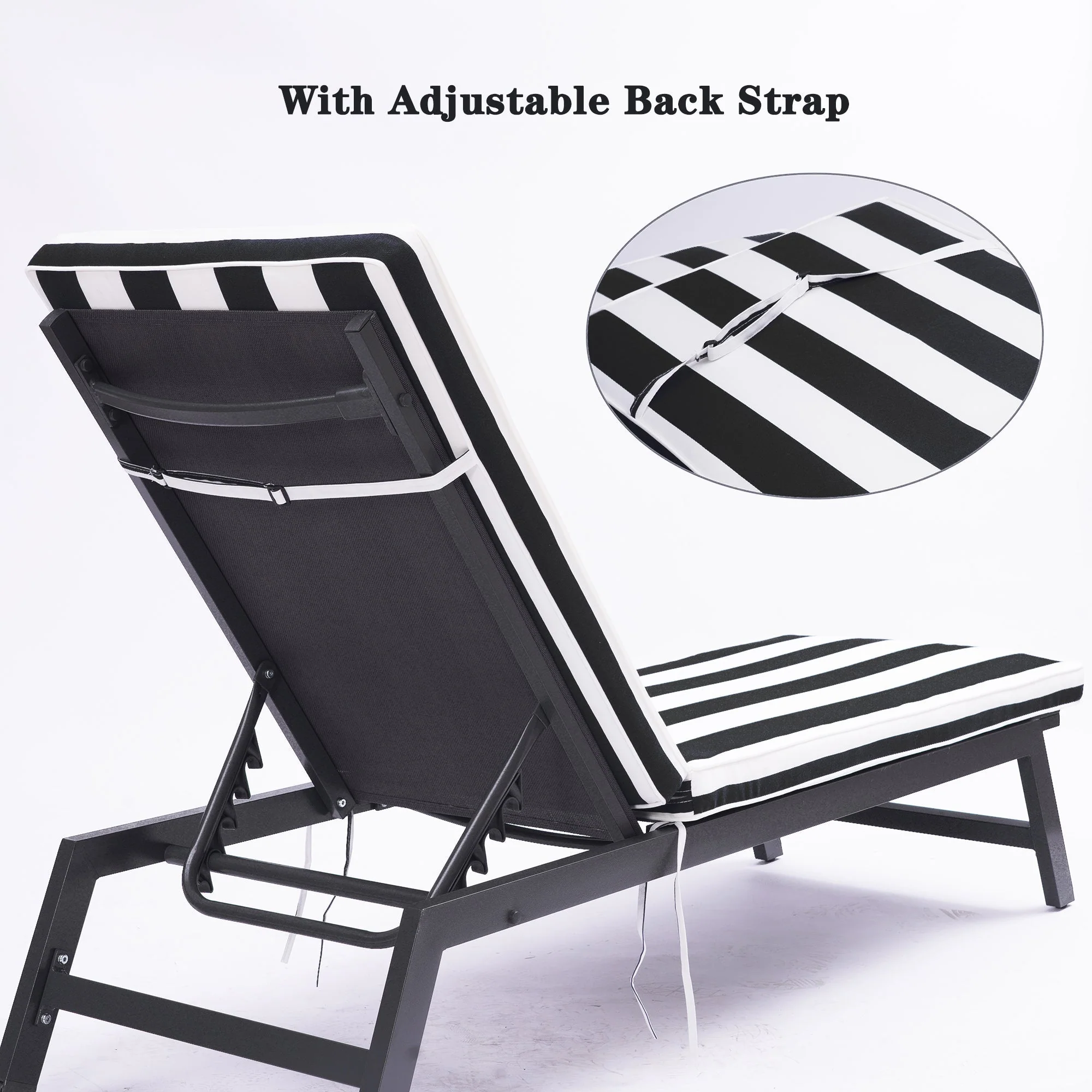 2-Piece Outdoor Chaise Lounge Chair Cushion Set, Black & White Striped Polyester - Image 2