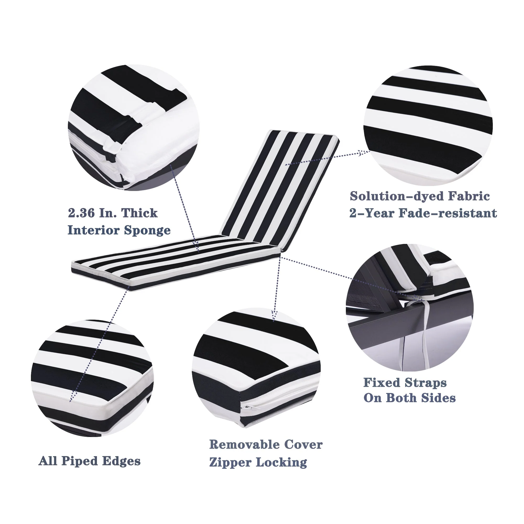 2-Piece Outdoor Chaise Lounge Chair Cushion Set, Black & White Striped Polyester - Image 4