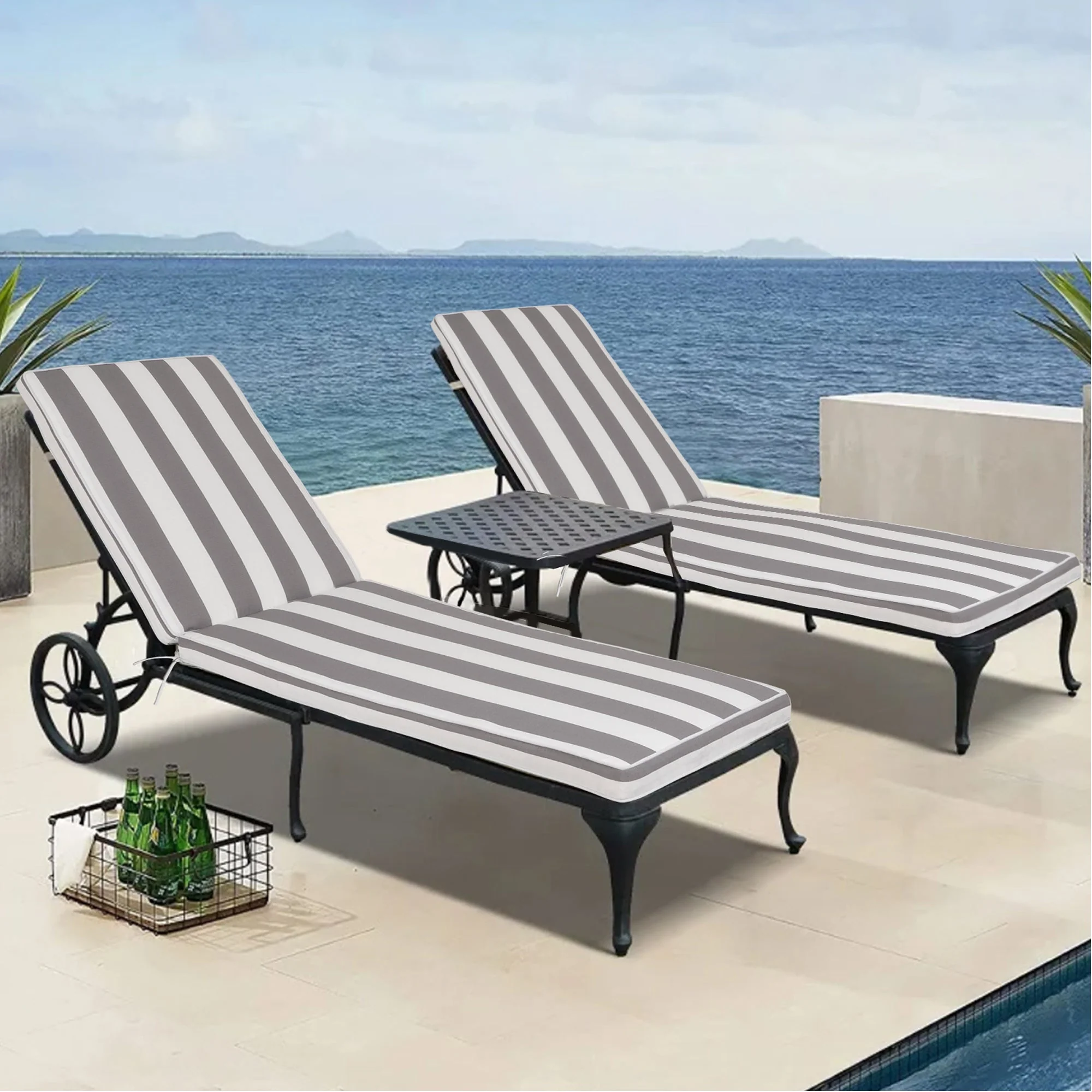 2-Piece Outdoor Chaise Lounge Cushion Set, Grey/White - Image 2