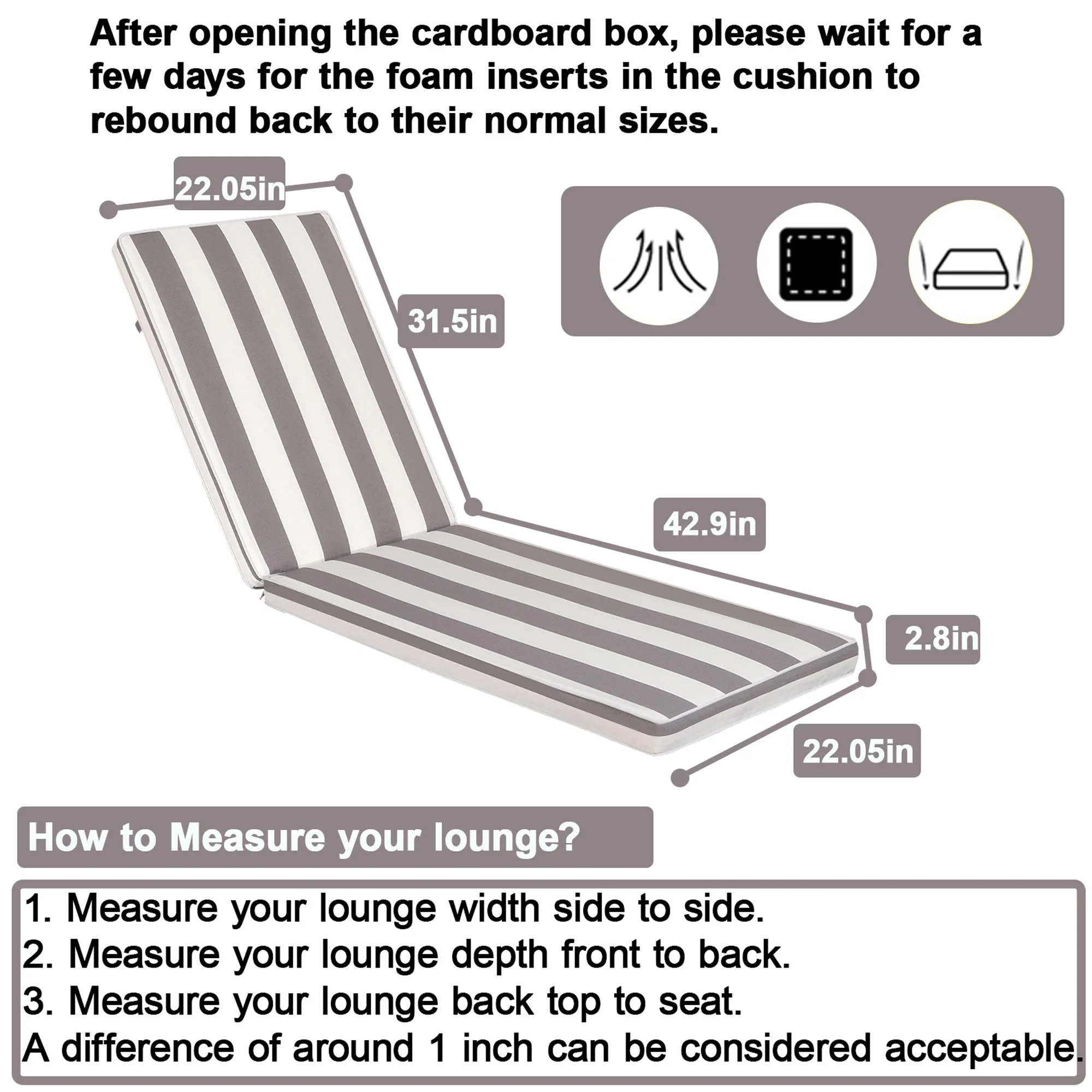 2-Piece Outdoor Chaise Lounge Cushion Set, Grey/White - Image 3