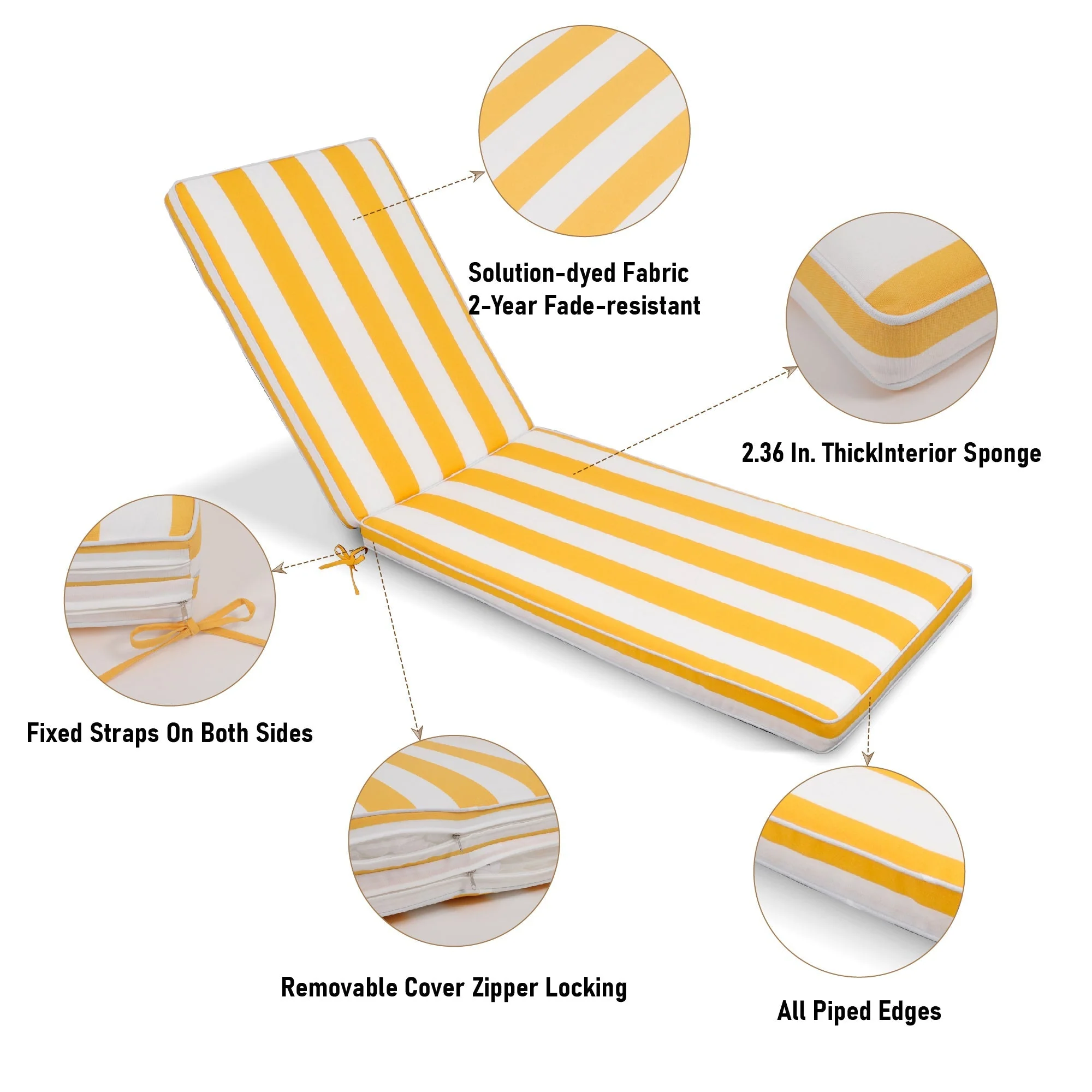 2-Piece Outdoor Chaise Lounge Cushion Set, Yellow/White - Image 13