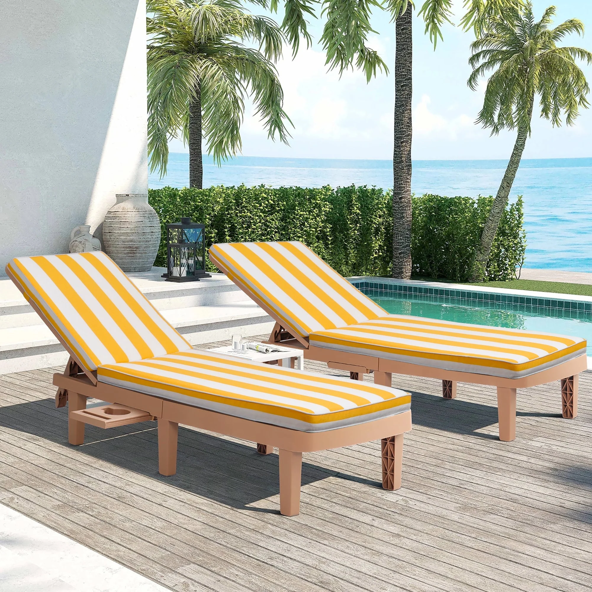 2-Piece Outdoor Chaise Lounge Cushion Set, Yellow/White - Image 2