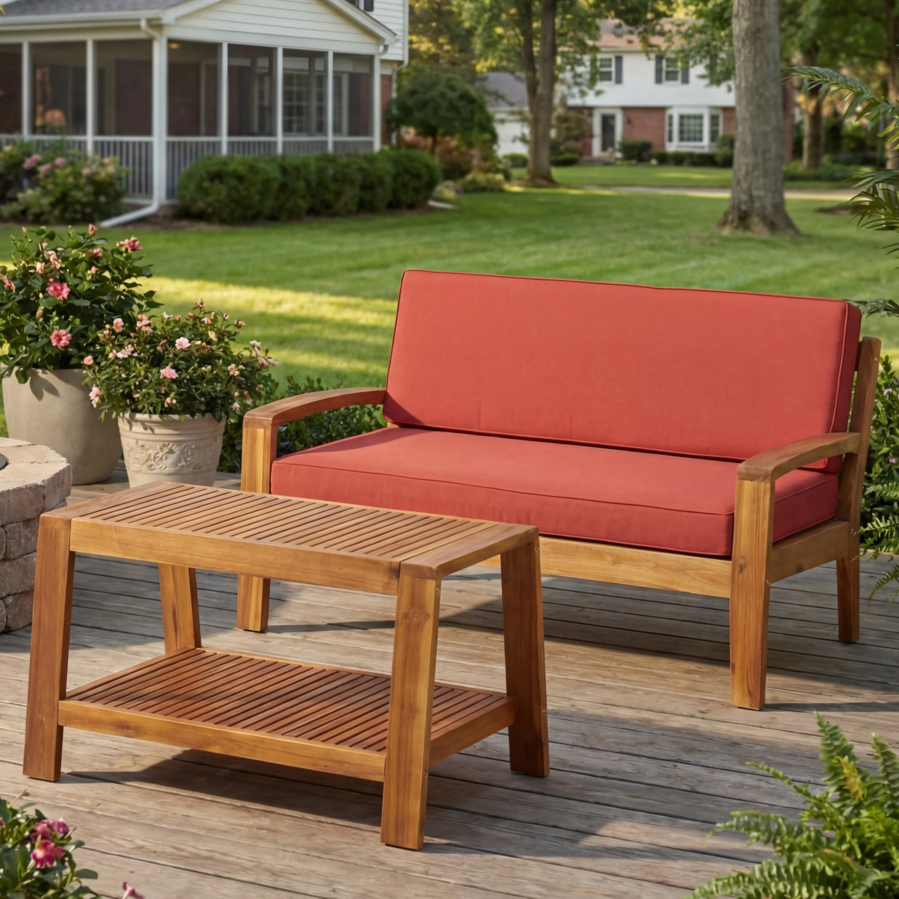 2-Piece Outdoor Teak Acacia Wood Conversation Set - Image 2