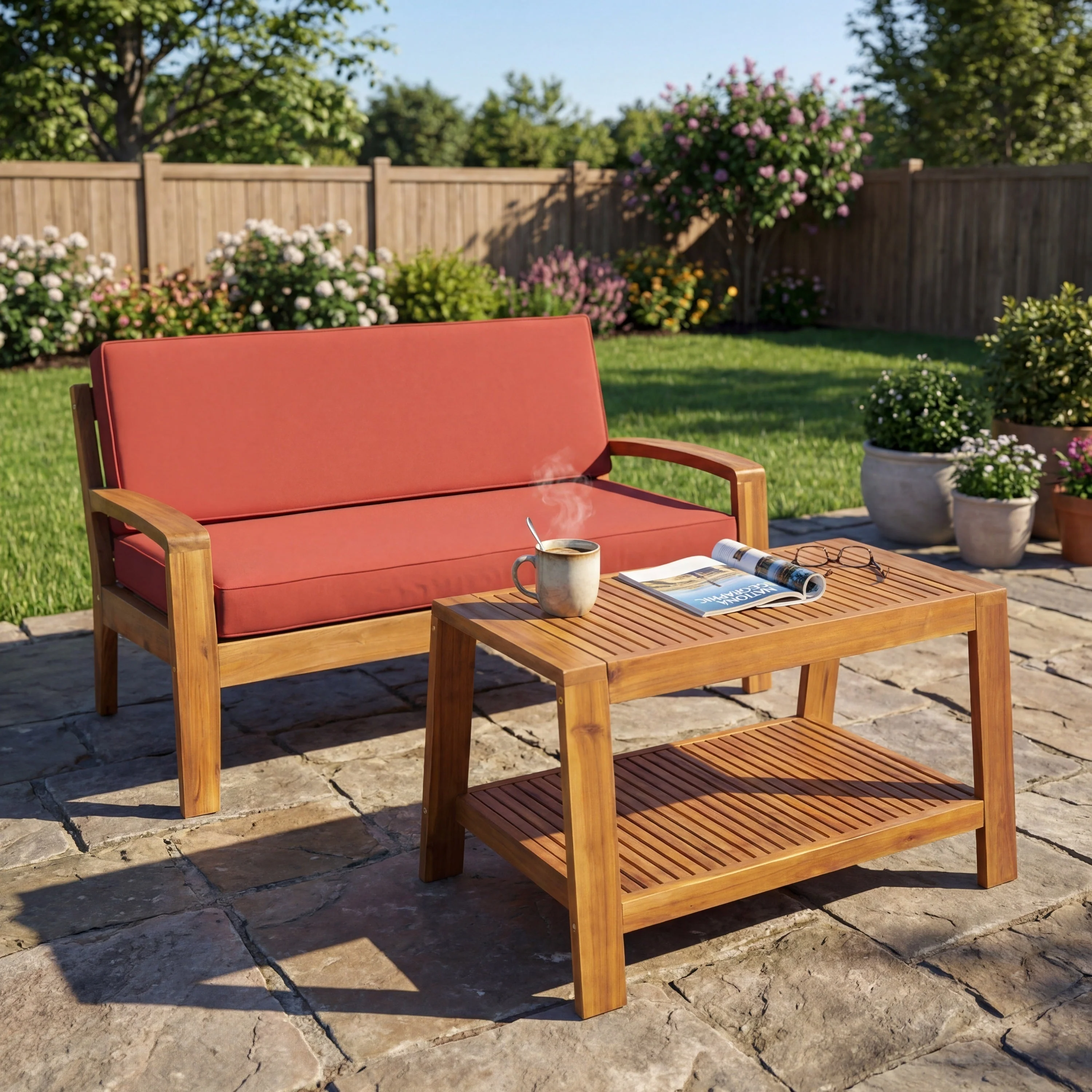 2-Piece Outdoor Teak Acacia Wood Conversation Set - Image 4