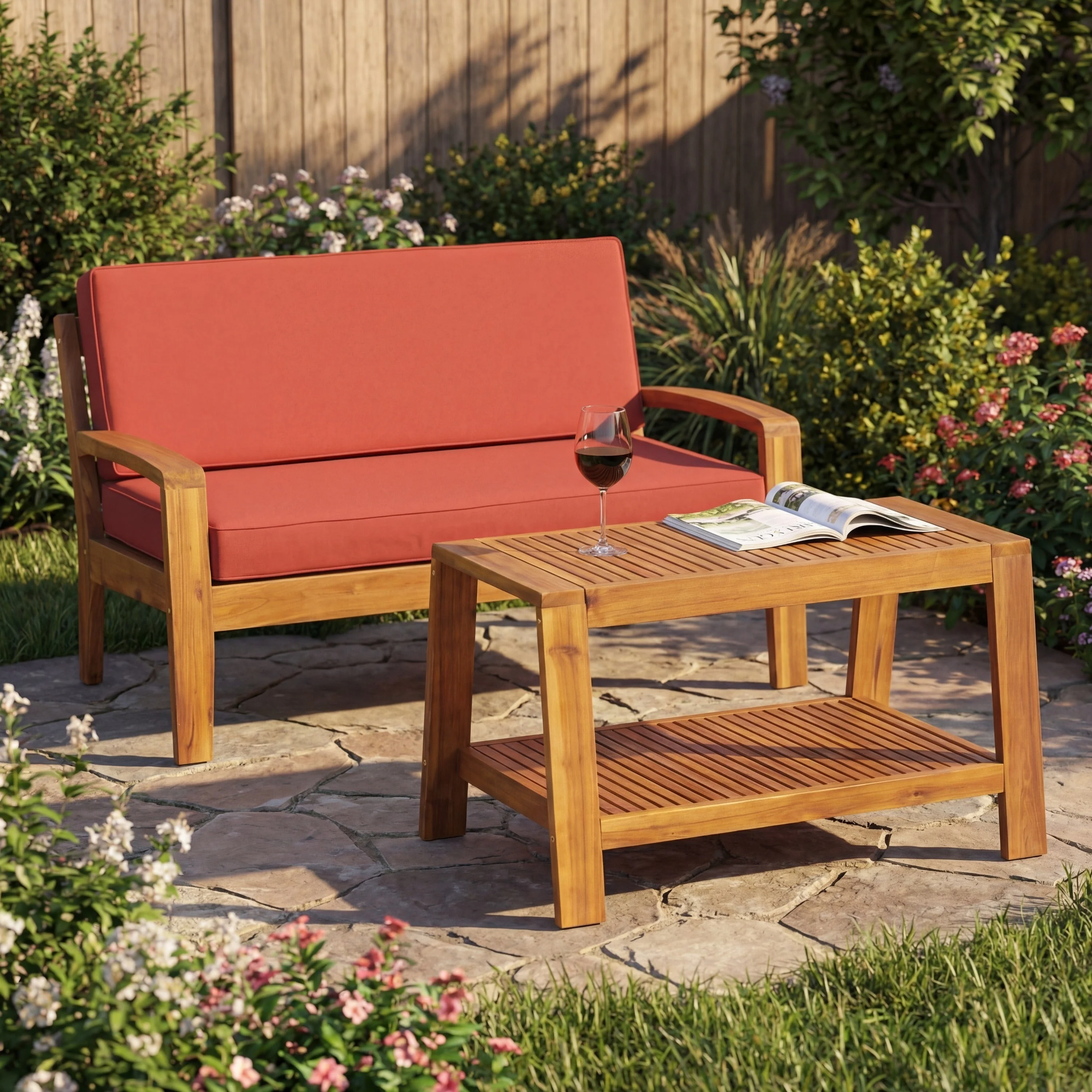 2-Piece Outdoor Teak Acacia Wood Conversation Set - Image 5