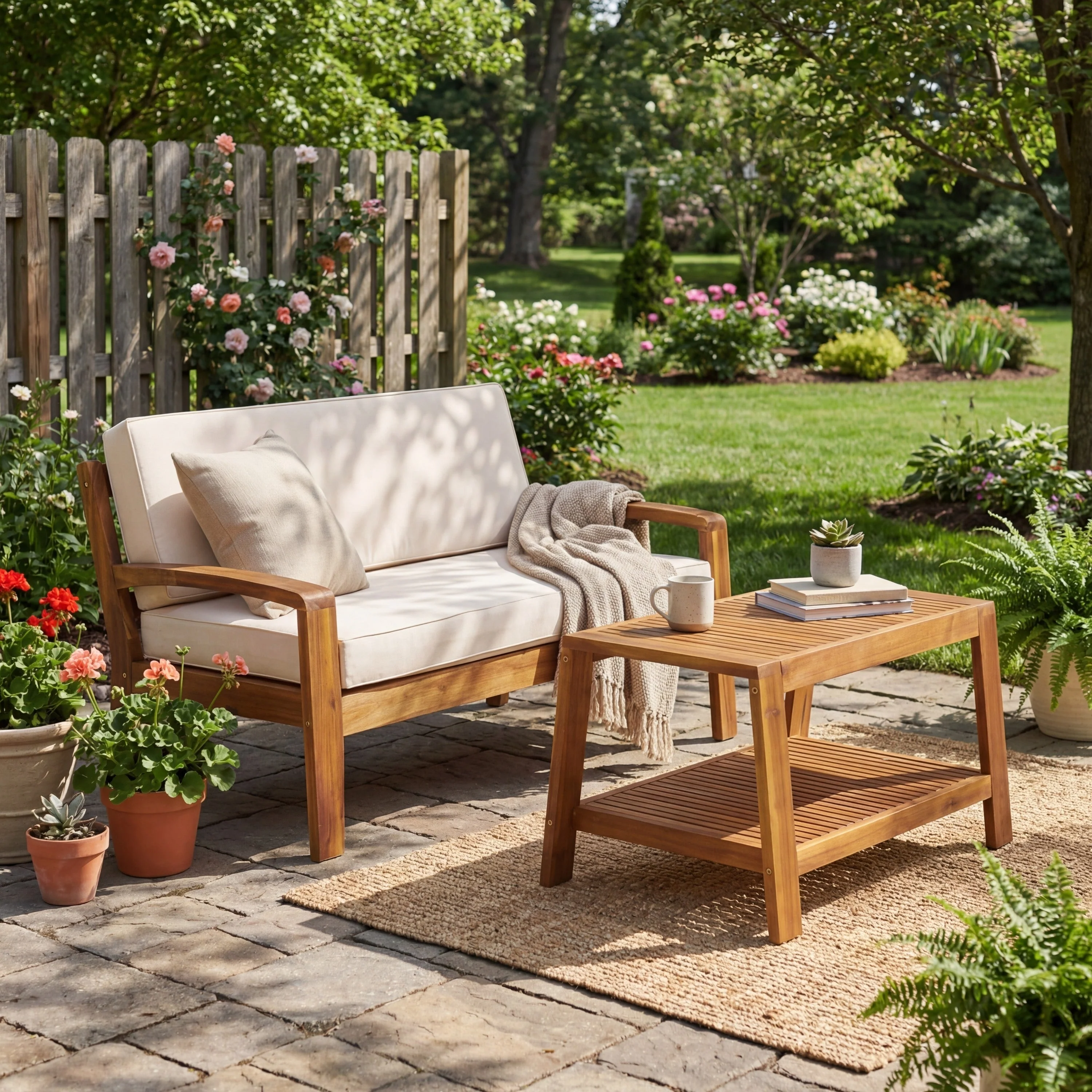 2-Piece Outdoor Teak Acacia Wood Conversation Set - Image 2