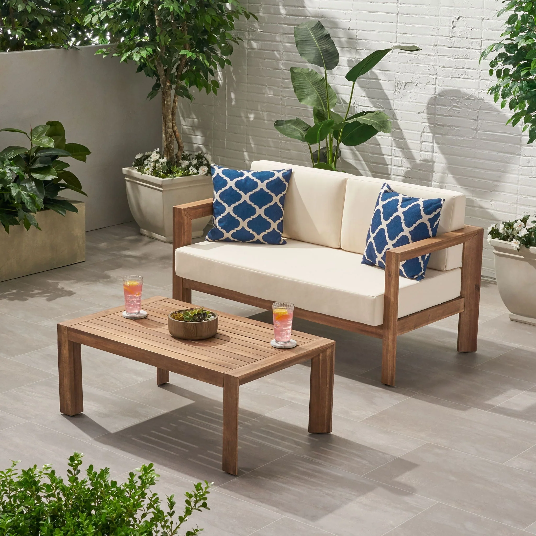 2 Piece Patio Set With Open-Back Loveseat And Coffee Table - Beige / Brown - Image 2