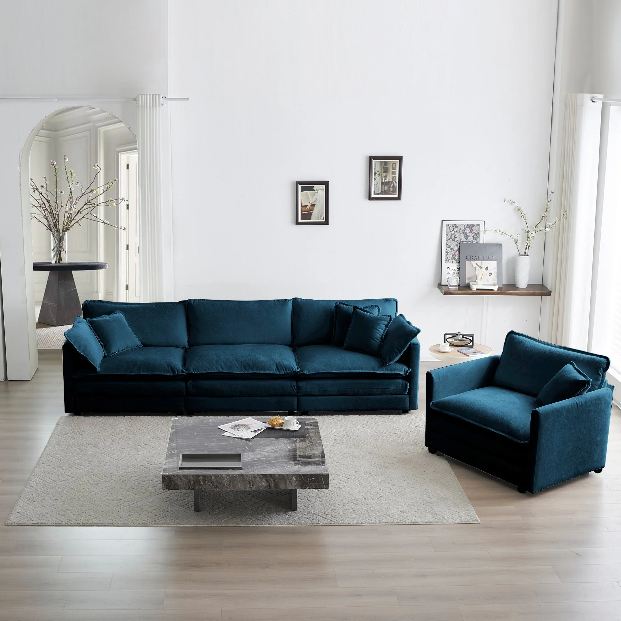 2-Piece Upholstered Sectional Sofa Set in Blue Chenille - Image 2