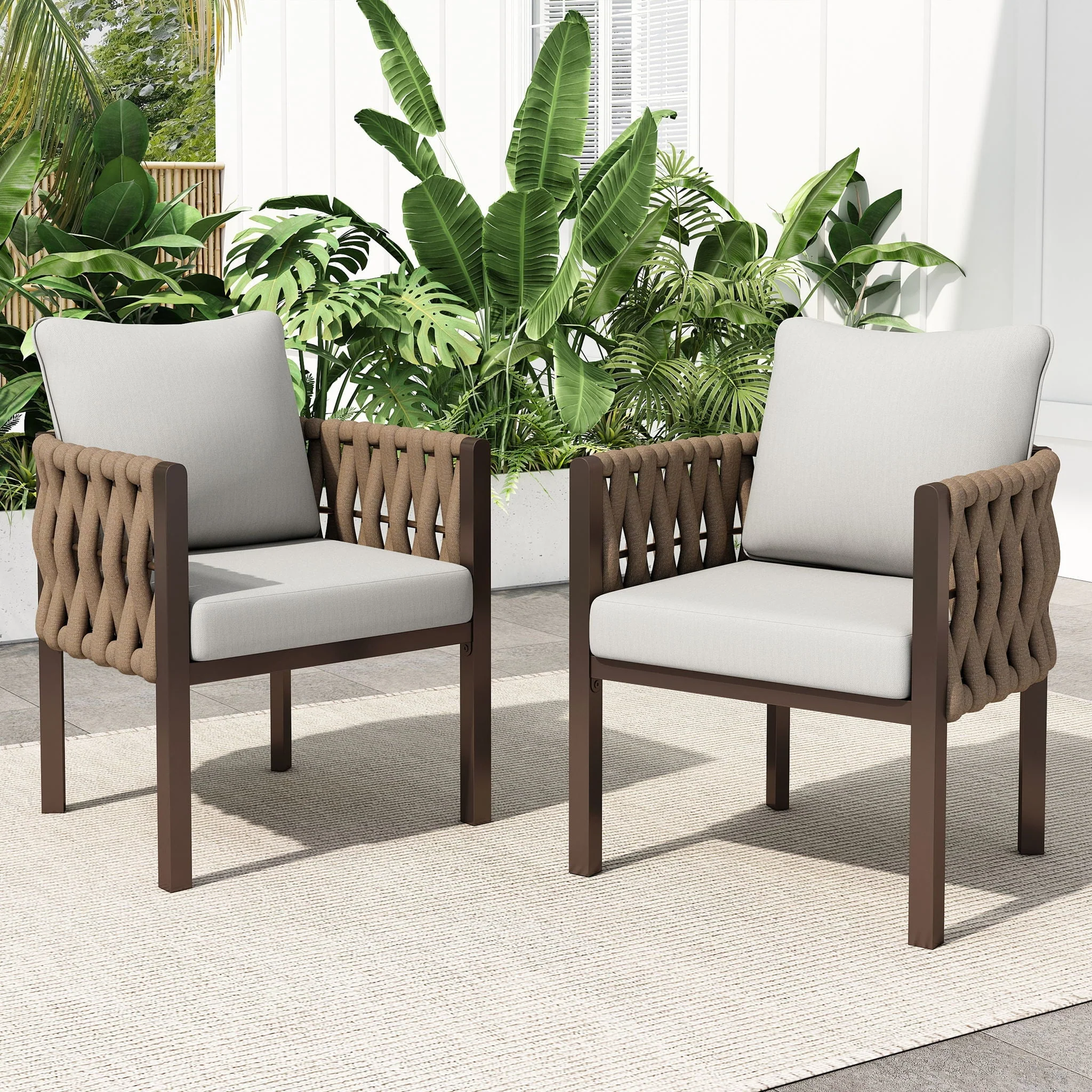 2 Pieces Outdoor Metal Patio Club Chair with Cushion - Brown / Light Gray - Image 3
