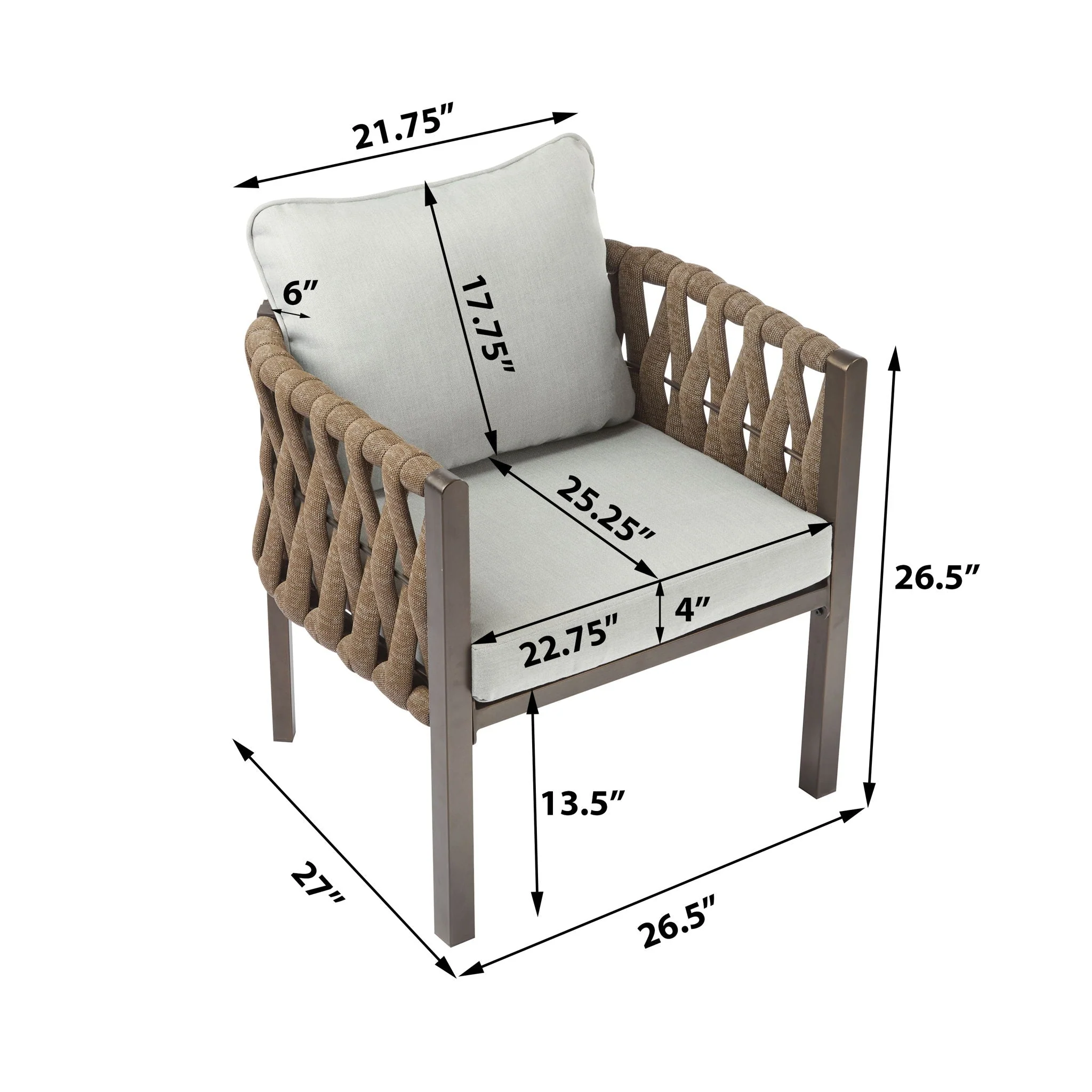2 Pieces Outdoor Metal Patio Club Chair with Cushion - Brown / Light Gray - Image 4