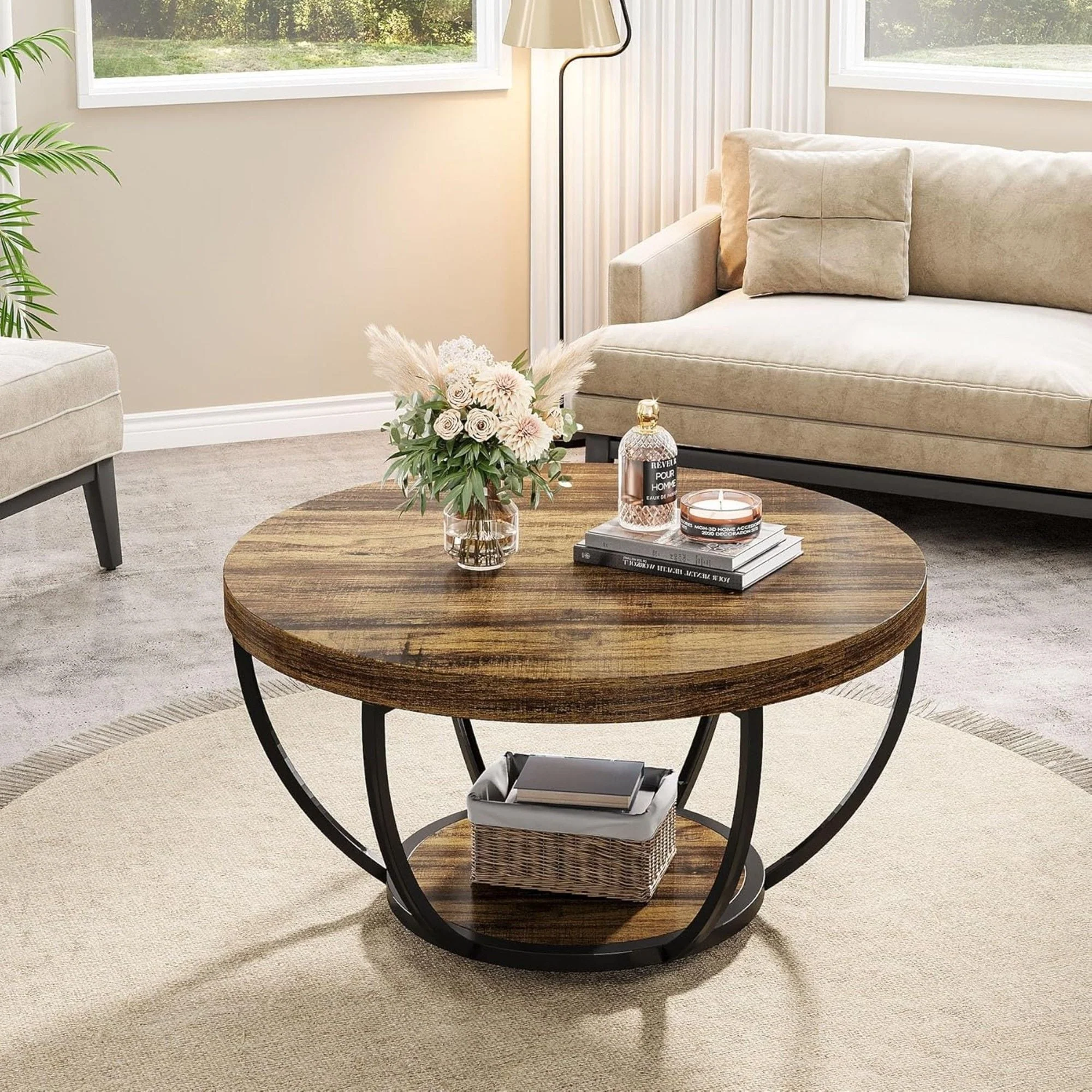 2 Tier Circle Coffee Table With Storage Shelves - Image 11