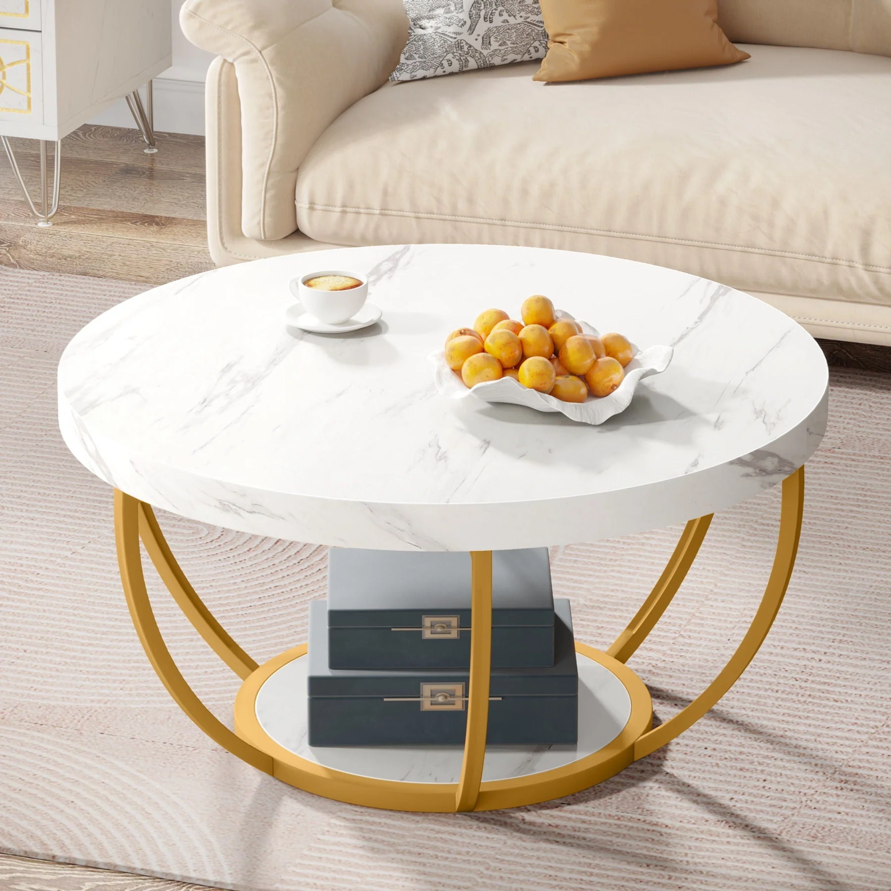2 Tier Circle Coffee Table With Storage Shelves - Image 13