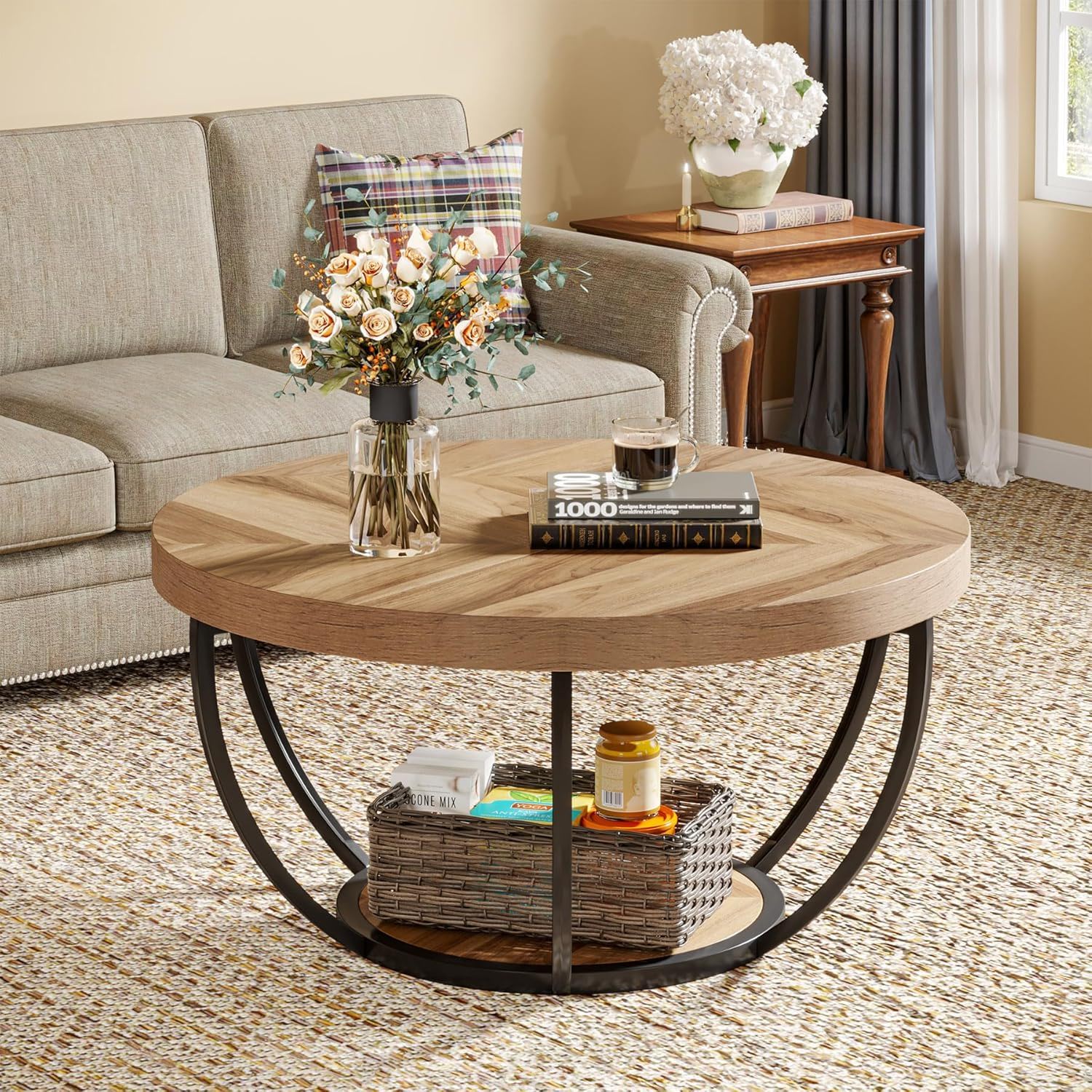 2 Tier Circle Coffee Table With Storage Shelves - Image 14