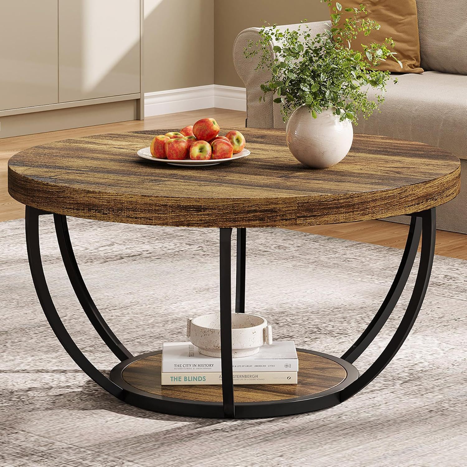 2 Tier Circle Coffee Table With Storage Shelves - Image 15