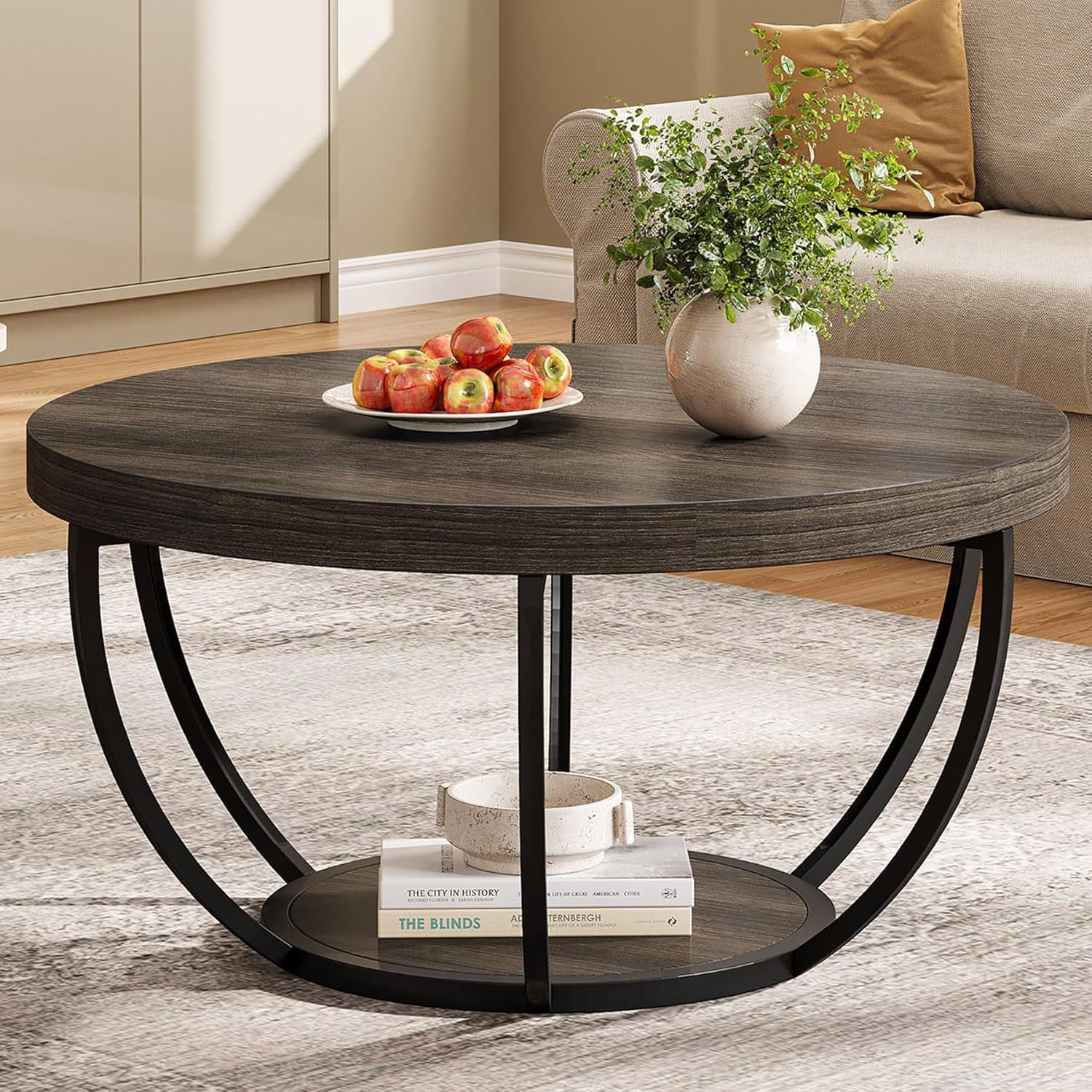 2 Tier Circle Coffee Table With Storage Shelves - Image 7