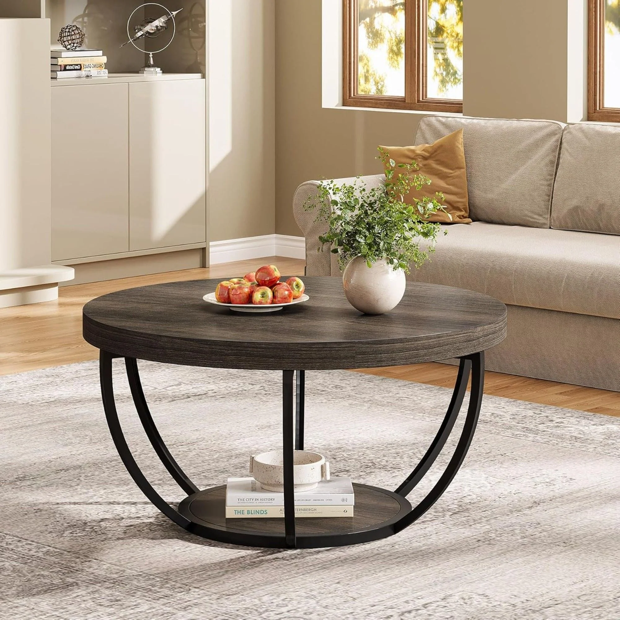 2 Tier Circle Coffee Table With Storage Shelves - Image 9