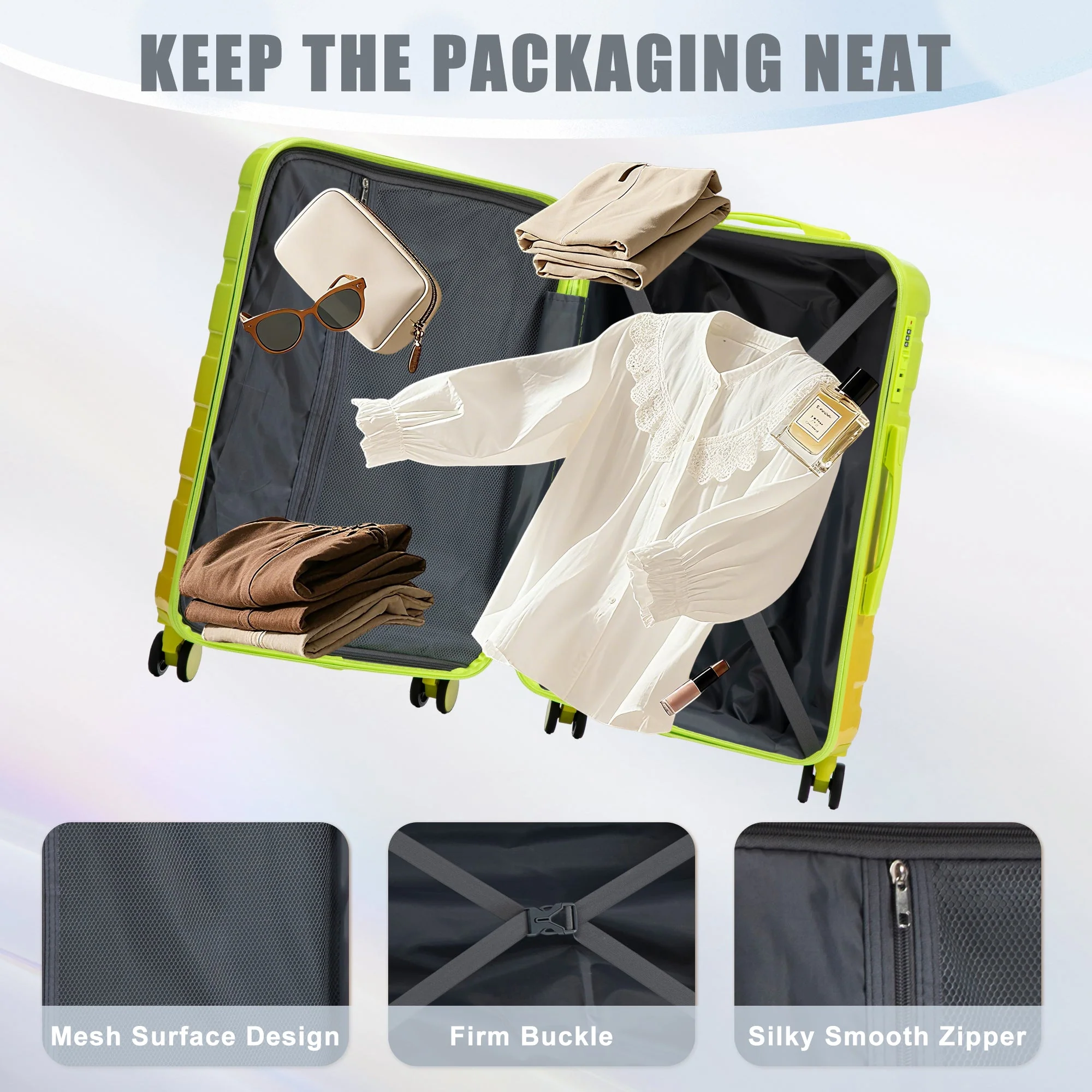 20'/24'/28' 3-Piece PC Spinner Wheel Luggage Set (Yellow+Green) - Image 8