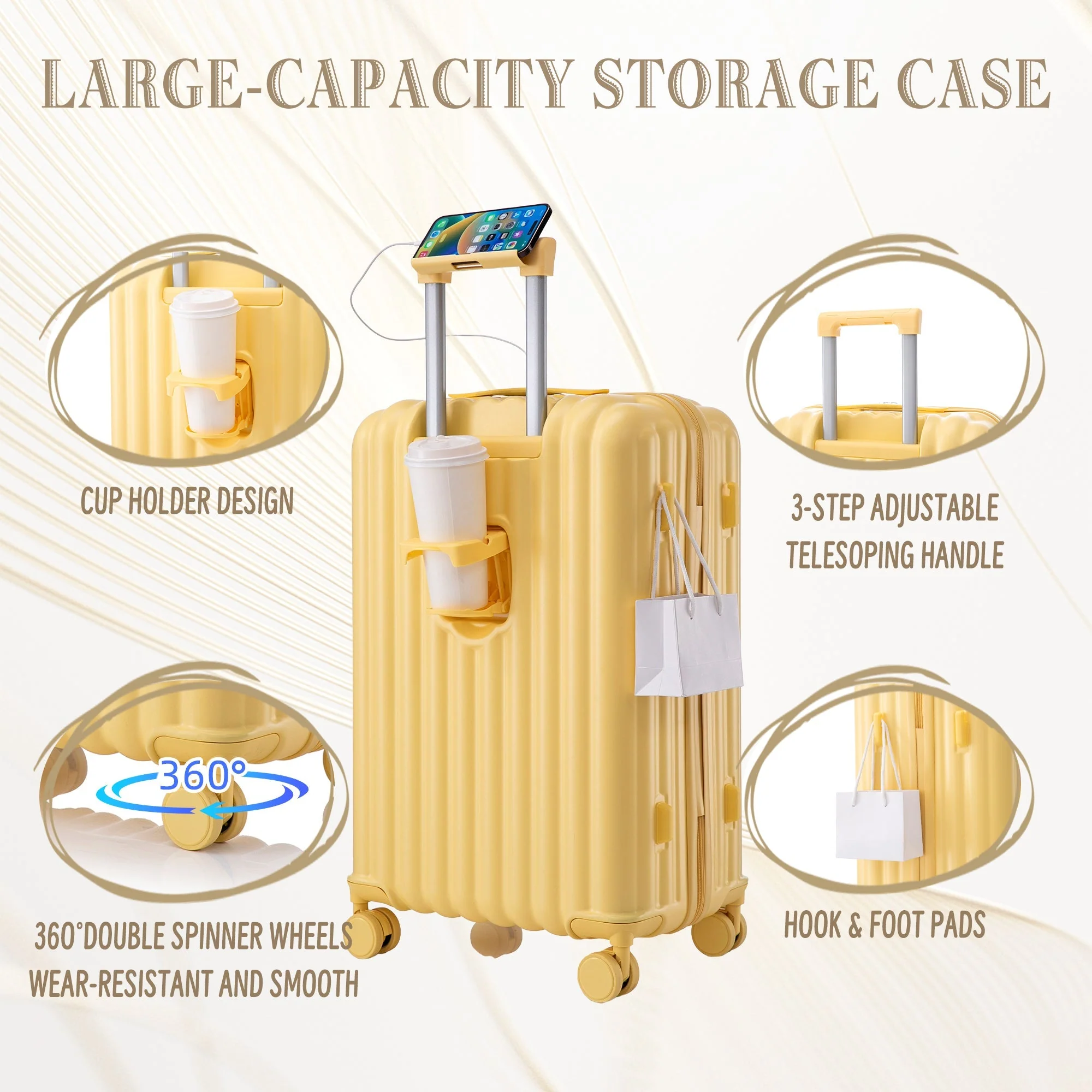 20'/24'/28' ABS Spinner Wheel Luggage Set with USB Port & Cup Holder - Image 4