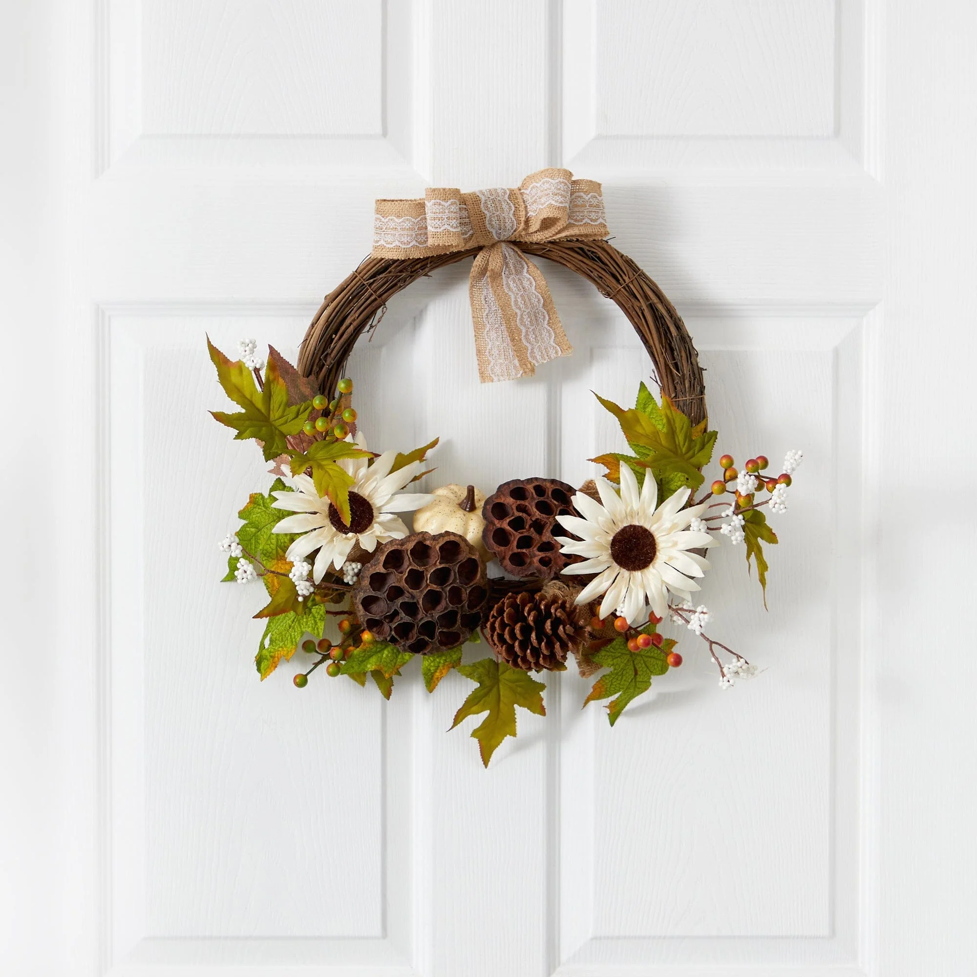 20” Autumn Sunflower, White Pumpkin and Dried Lotus Pod Artificial Fall Wreath with Decorative Bow - Image 2