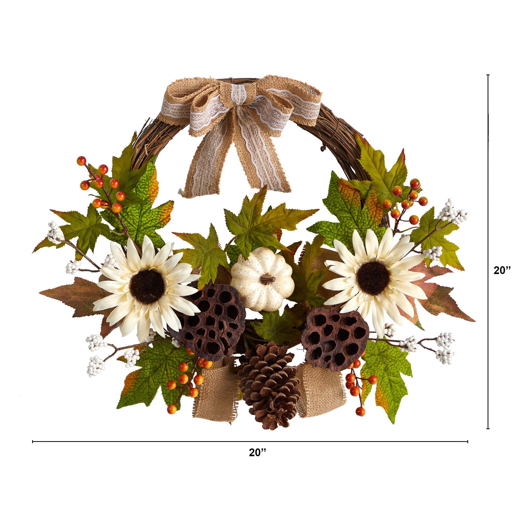 20” Autumn Sunflower, White Pumpkin and Dried Lotus Pod Artificial Fall Wreath with Decorative Bow - Image 3