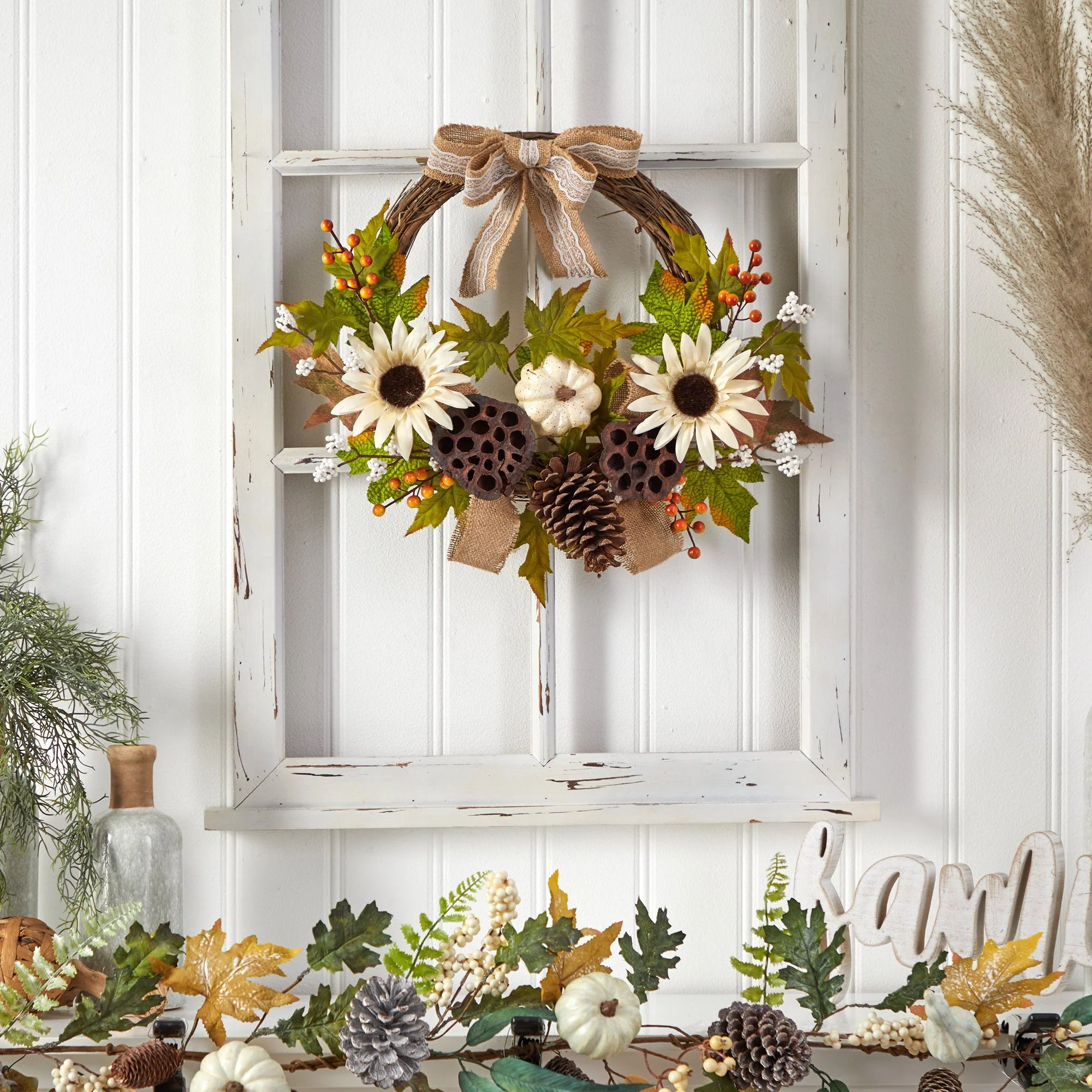 20” Autumn Sunflower, White Pumpkin and Dried Lotus Pod Artificial Fall Wreath with Decorative Bow - Image 4