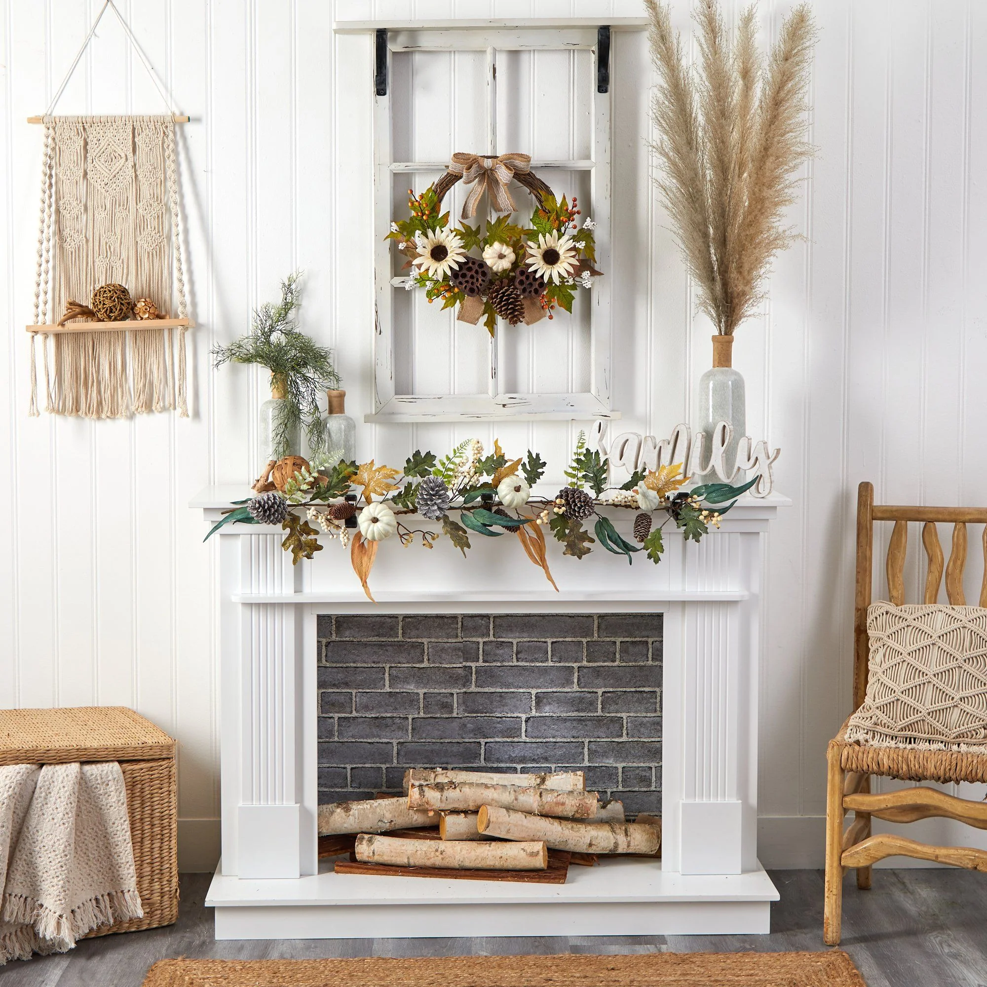 20” Autumn Sunflower, White Pumpkin and Dried Lotus Pod Artificial Fall Wreath with Decorative Bow - Image 5