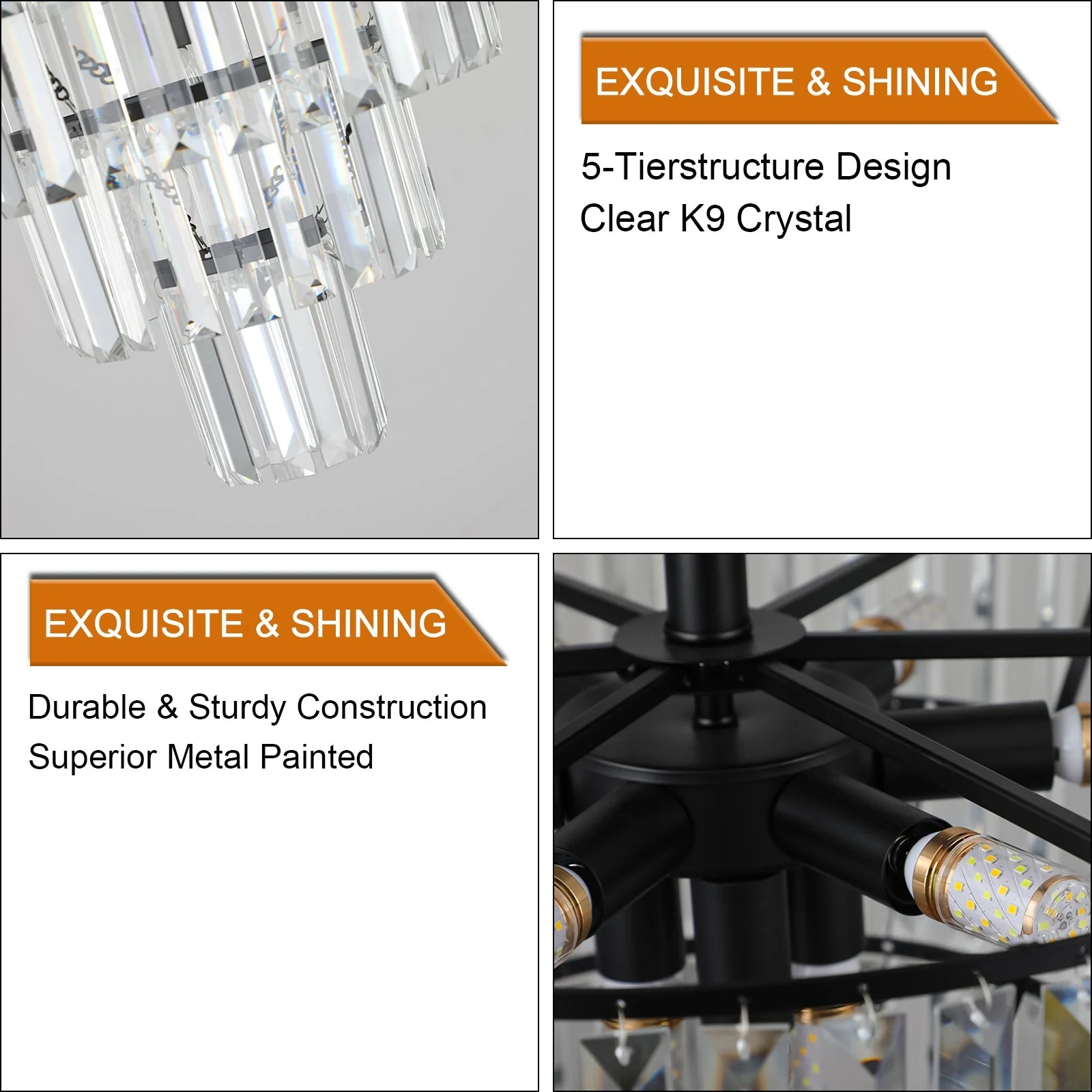 20' Black Crystal Chandelier Ceiling Light, Modern Luxury 10-Light Flush Mount - Image 11