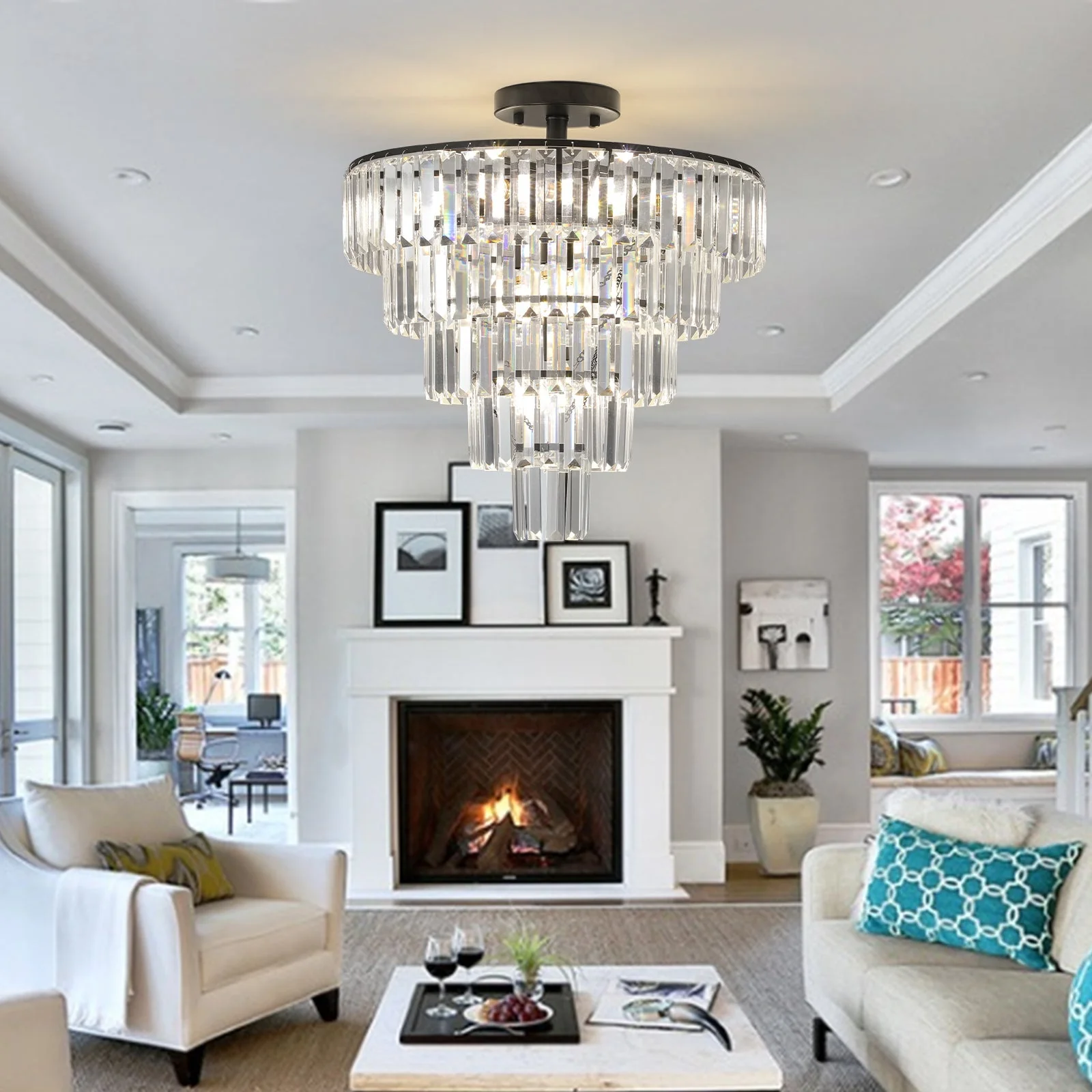 20' Black Crystal Chandelier Ceiling Light, Modern Luxury 10-Light Flush Mount - Image 2