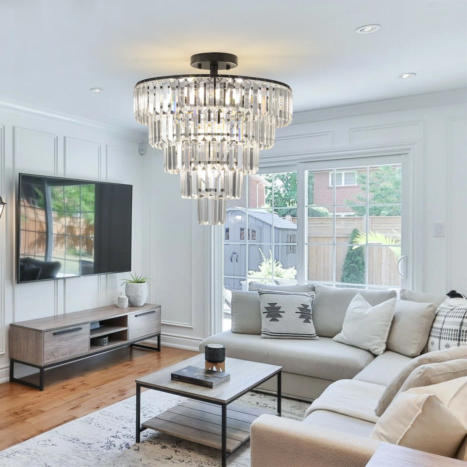 20' Black Crystal Chandelier Ceiling Light, Modern Luxury 10-Light Flush Mount - Image 4