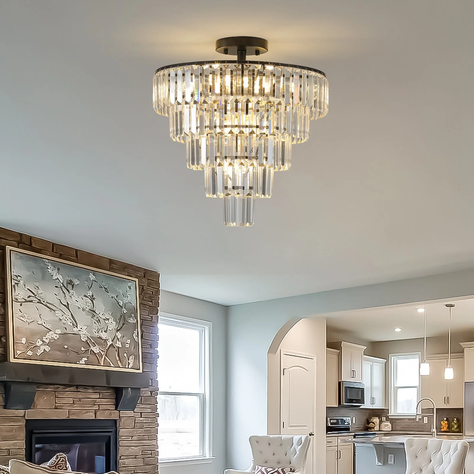 20' Black Crystal Chandelier Ceiling Light, Modern Luxury 10-Light Flush Mount - Image 5