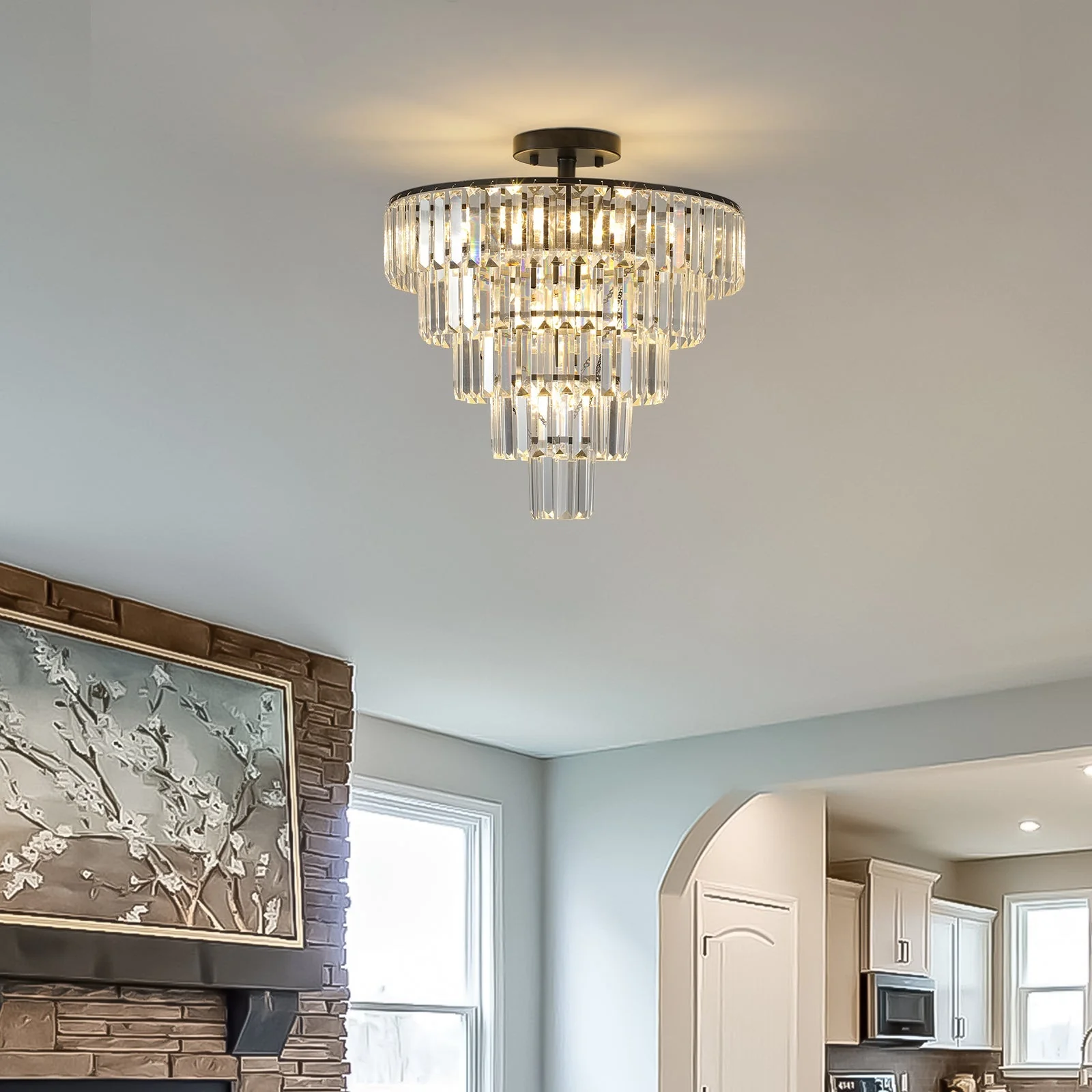 20' Black Crystal Chandelier Ceiling Light, Modern Luxury 10-Light Flush Mount - Image 8