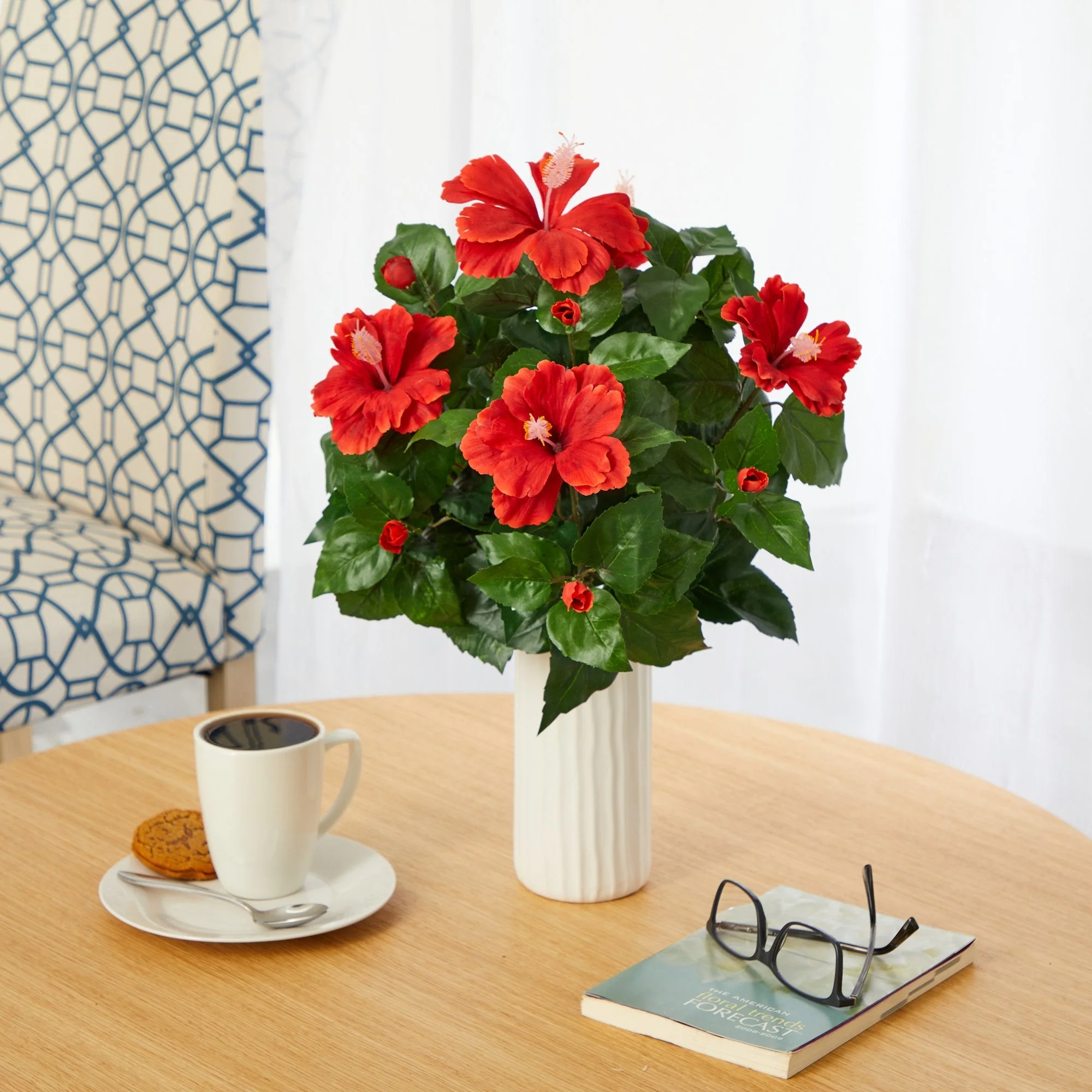 20” Hibiscus Artificial Plant Artificial Plant in White Planter - Image 3