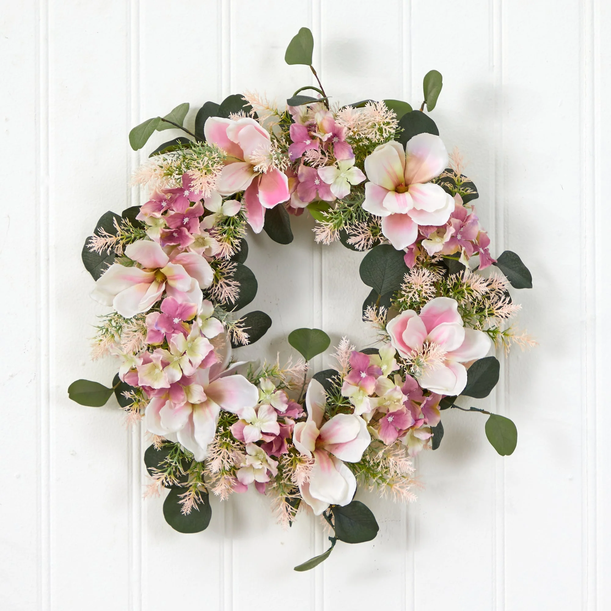 20” Hydrangea and Magnolia Artificial Wreath - Image 3