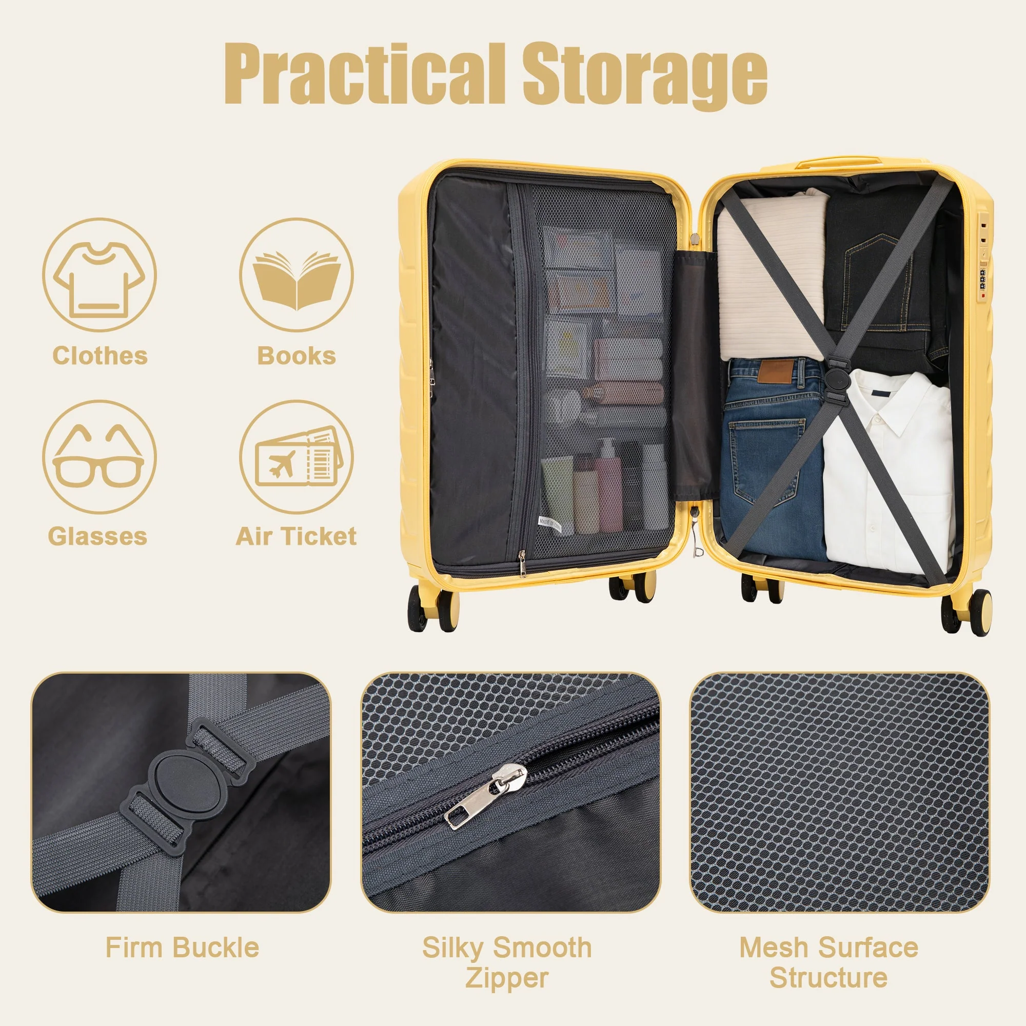 20 Inch ABS Hard Shell Travel Checked Luggage - Yellow - Image 12