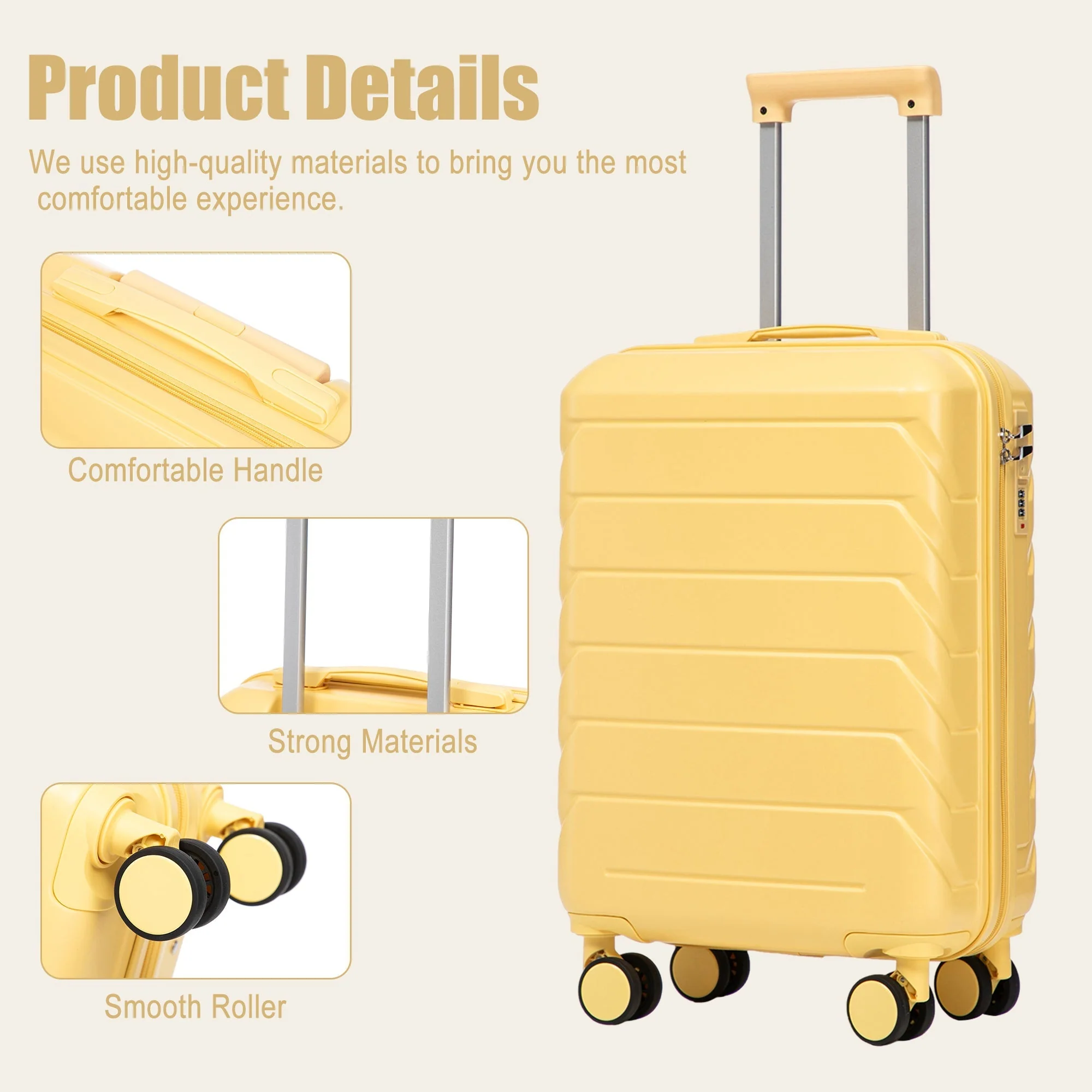 20 Inch ABS Hard Shell Travel Checked Luggage - Yellow - Image 8