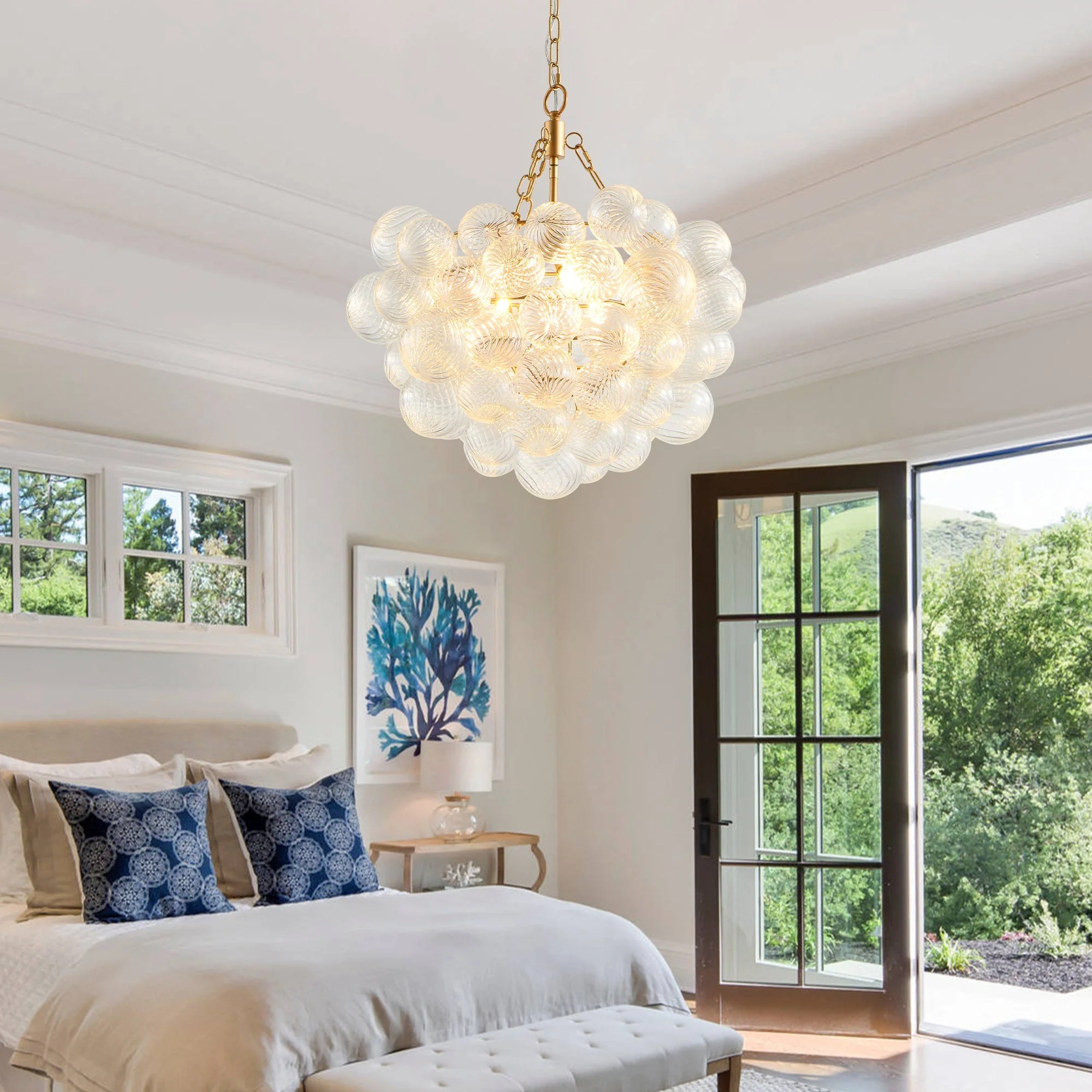 20-Inch Gold Pendant Light Chandelier with Threaded Clear Glass Globe Shade - Image 2