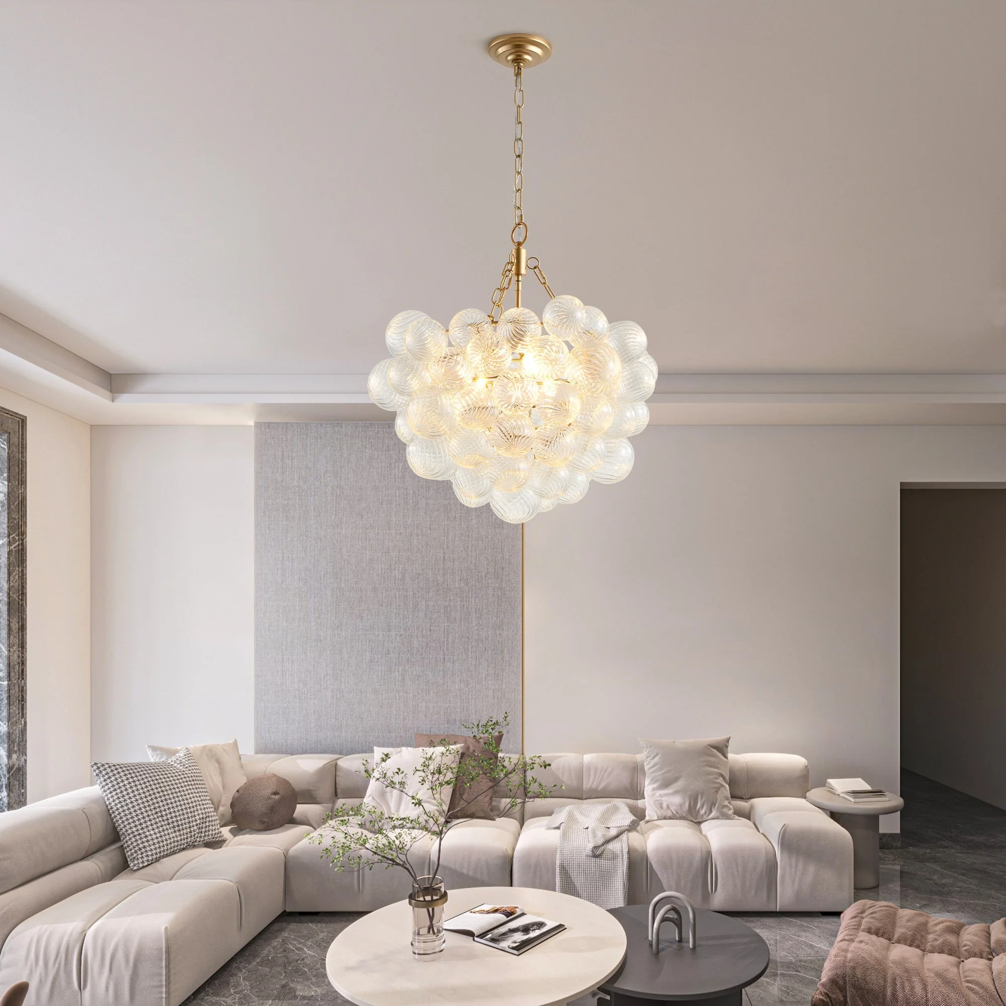 20-Inch Gold Pendant Light Chandelier with Threaded Clear Glass Globe Shade - Image 4