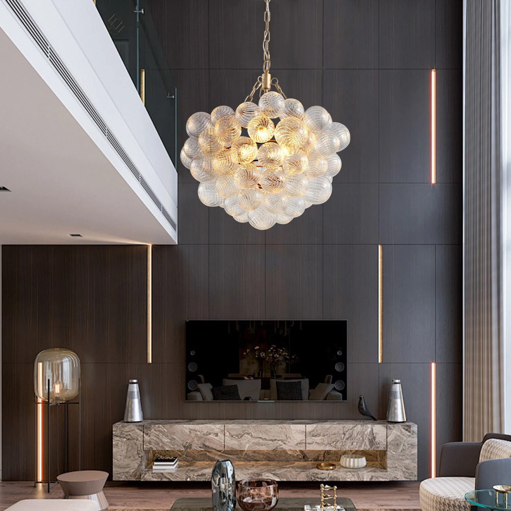 20-Inch Gold Pendant Light Chandelier with Threaded Clear Glass Globe Shade - Image 6