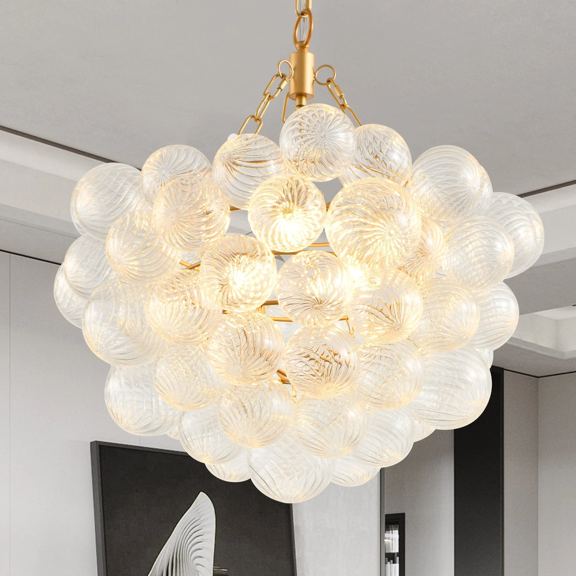 20-Inch Gold Pendant Light Chandelier with Threaded Clear Glass Globe Shade - Image 7